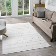 Beyaz Çok Renkli Etnik Şerit Desenli Modern Halı-Pera Halı