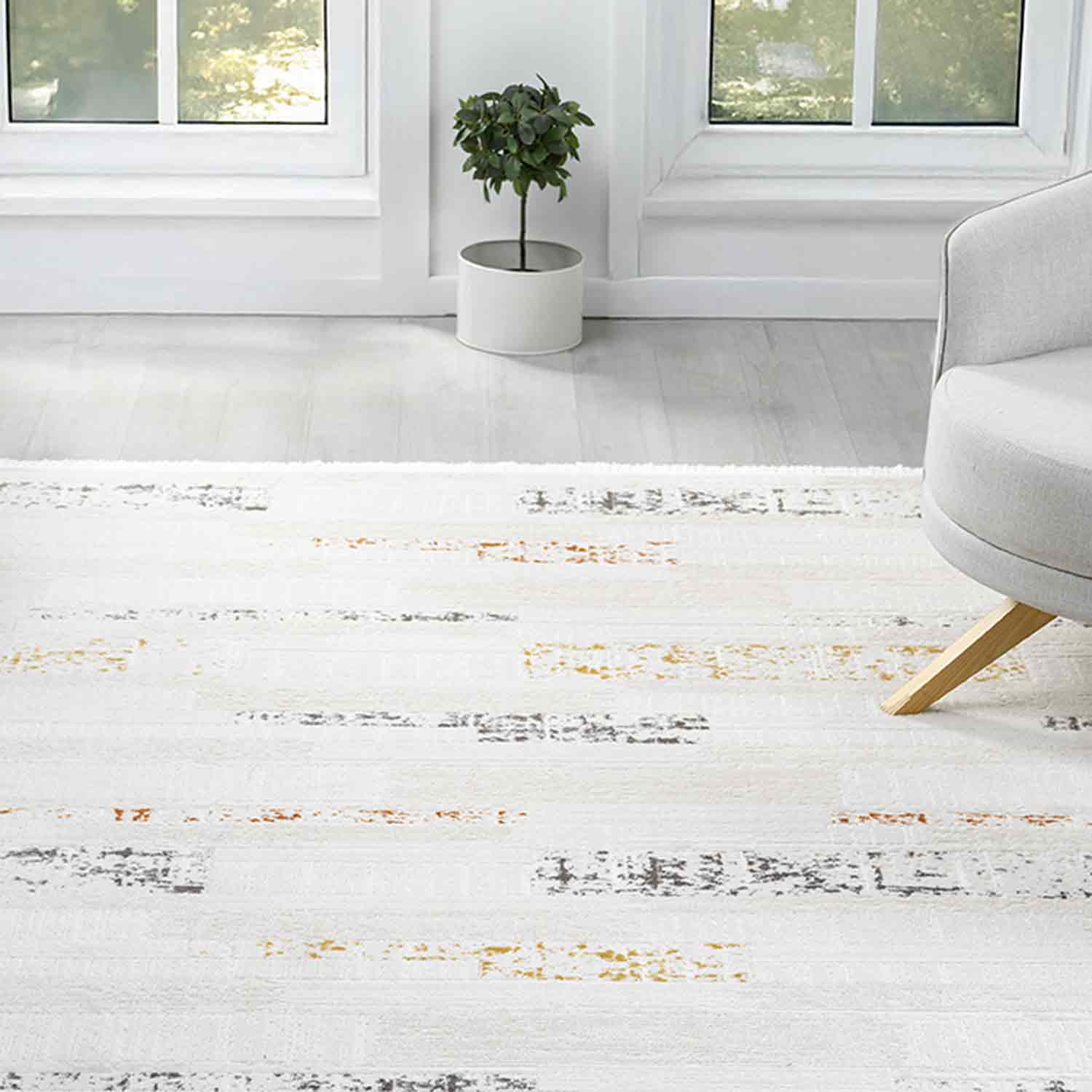 Beyaz Çok Renkli Yatay Blok Desenli Modern Halı-Pera Halı