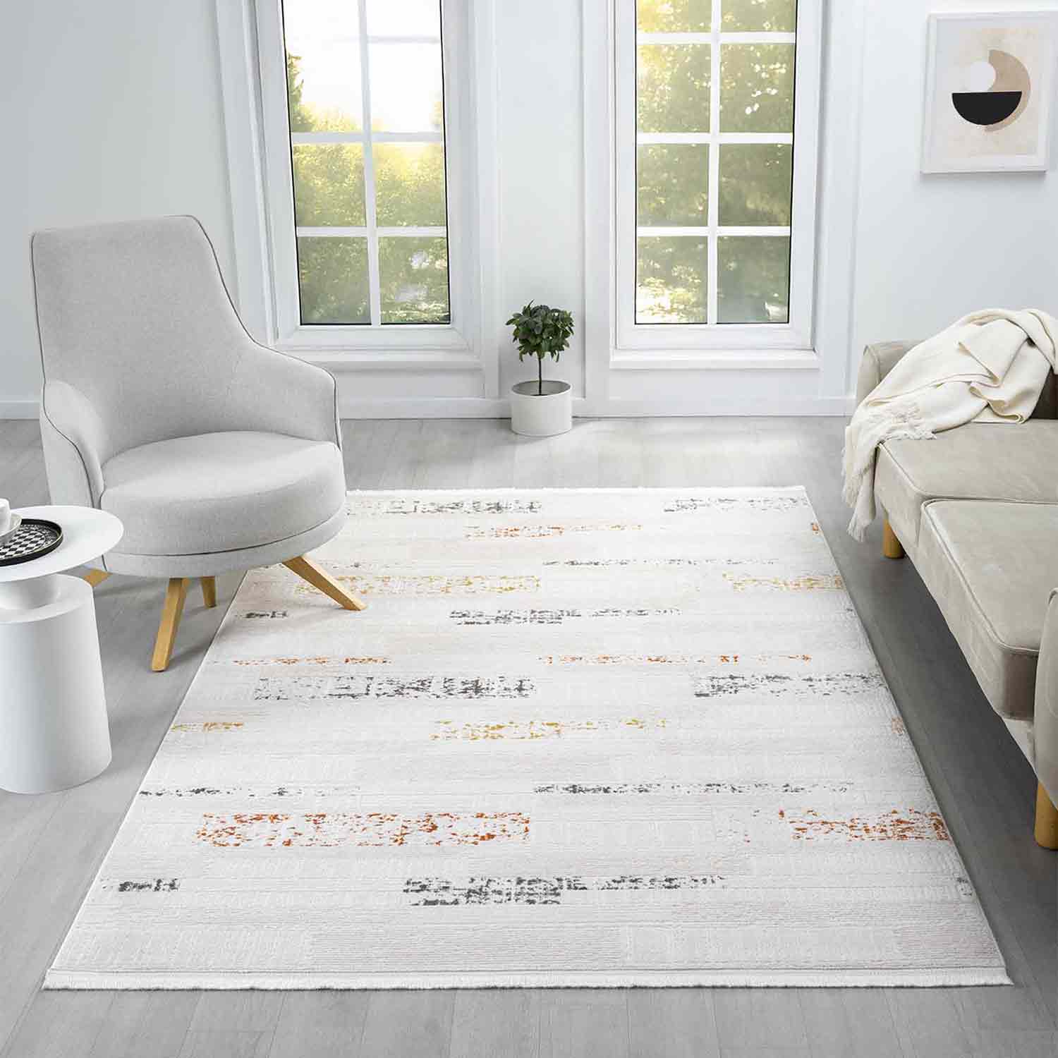 Beyaz Çok Renkli Yatay Blok Desenli Modern Halı-Pera Halı