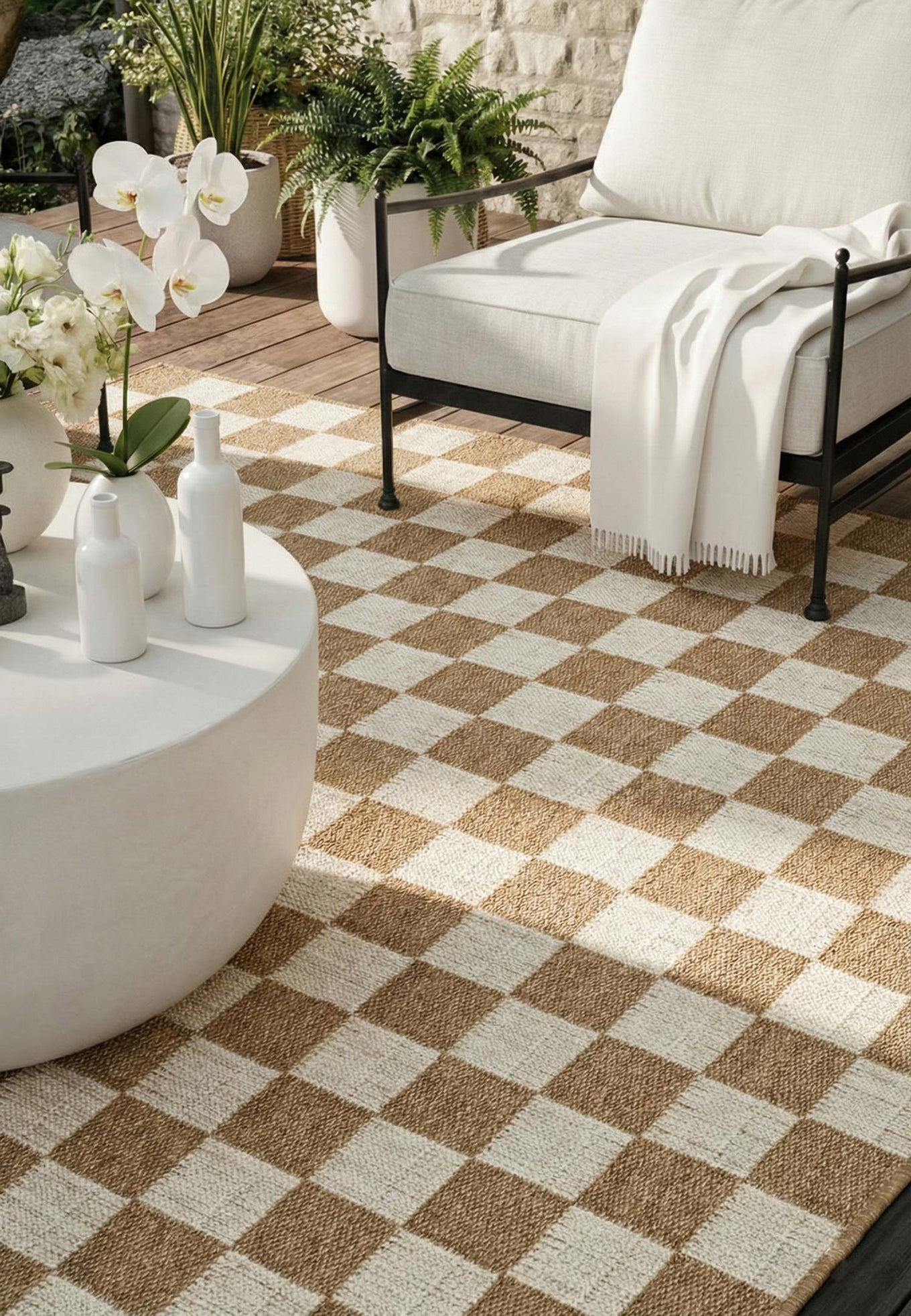 Kahve ve Beyaz Dama Desenli Sisal Halı