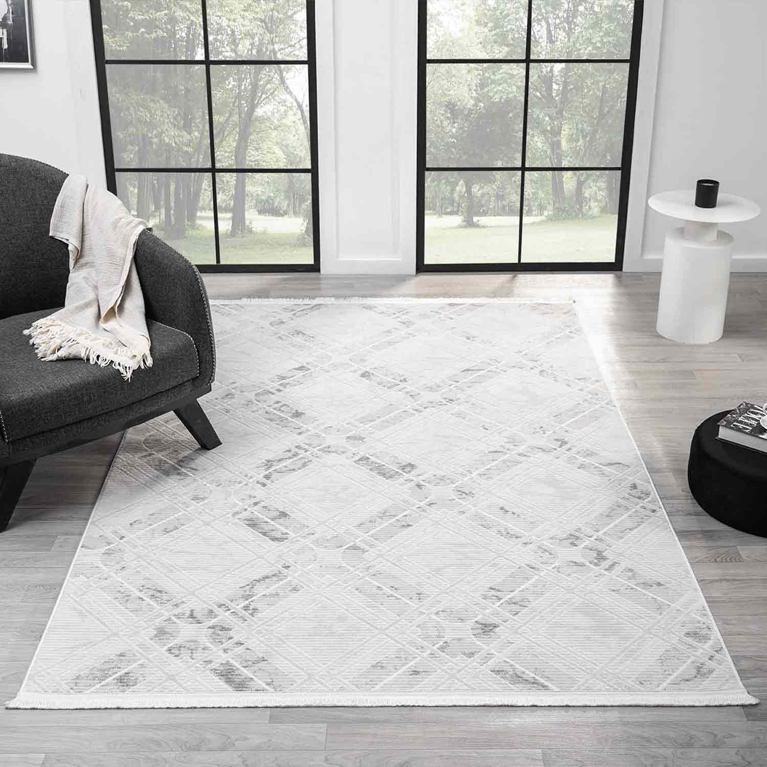 Beyaz Gri Baklava Geometrik Modern Halı-Pera Halı