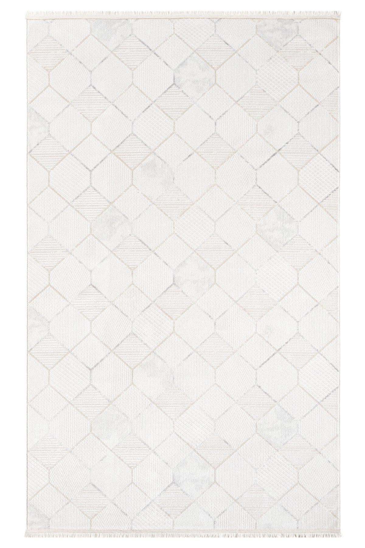 Beyaz Gri Bej Altıgen Geometrik Modern Halı-Pera Halı