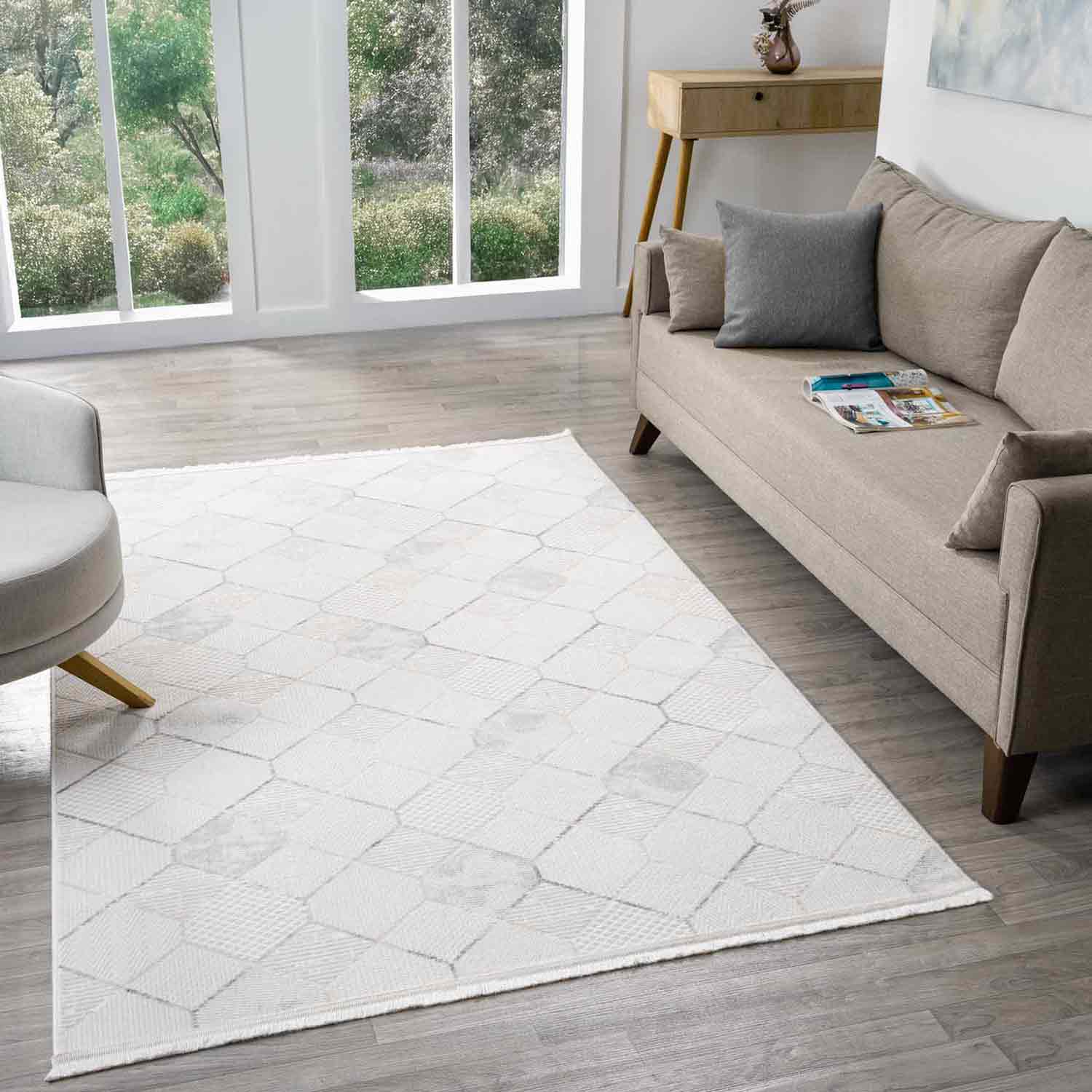 Beyaz Gri Bej Altıgen Geometrik Modern Halı-Pera Halı