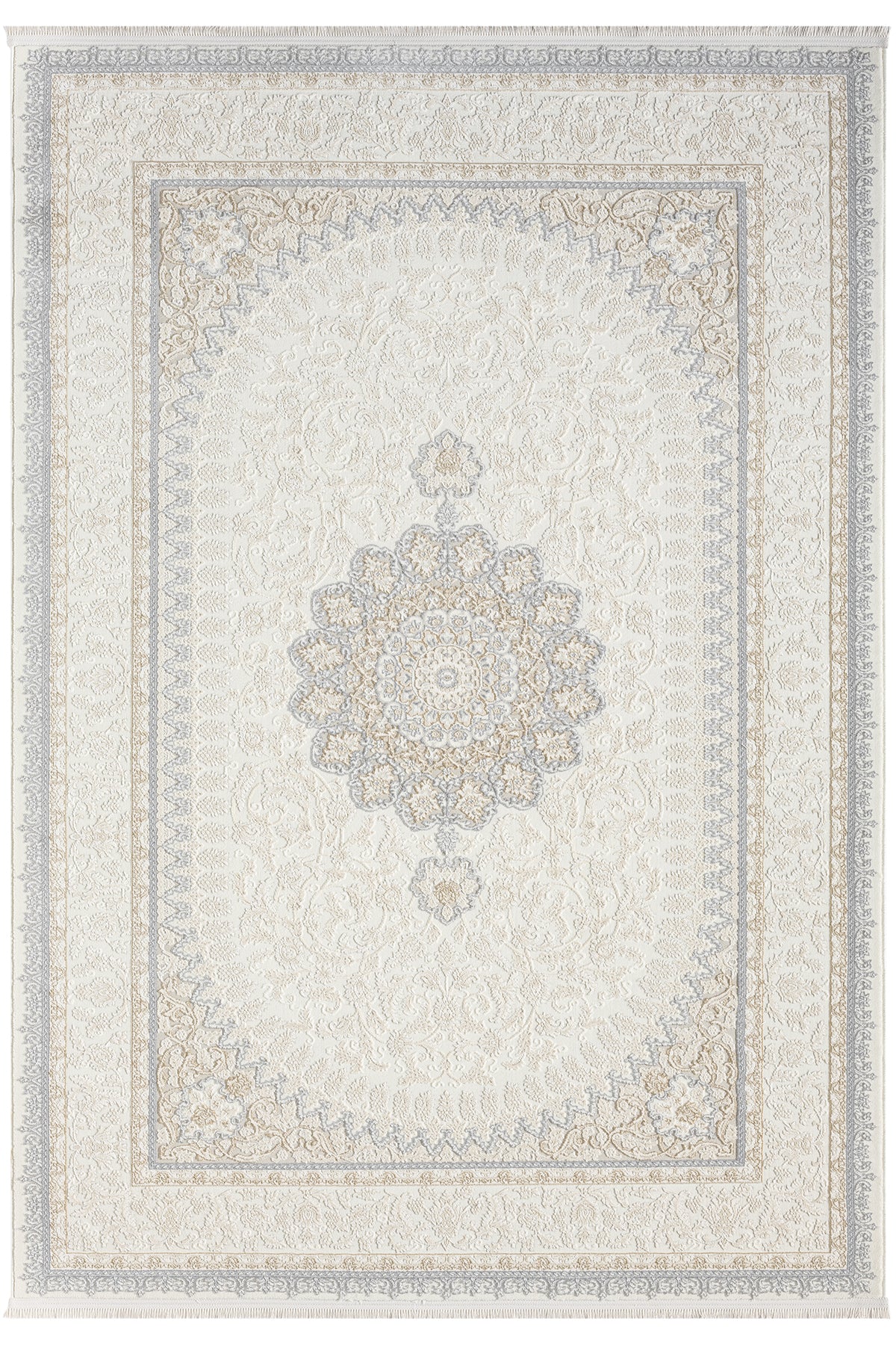 Beyaz Gri Bej Klasik Medallion Desenli Halı-Pera Halı