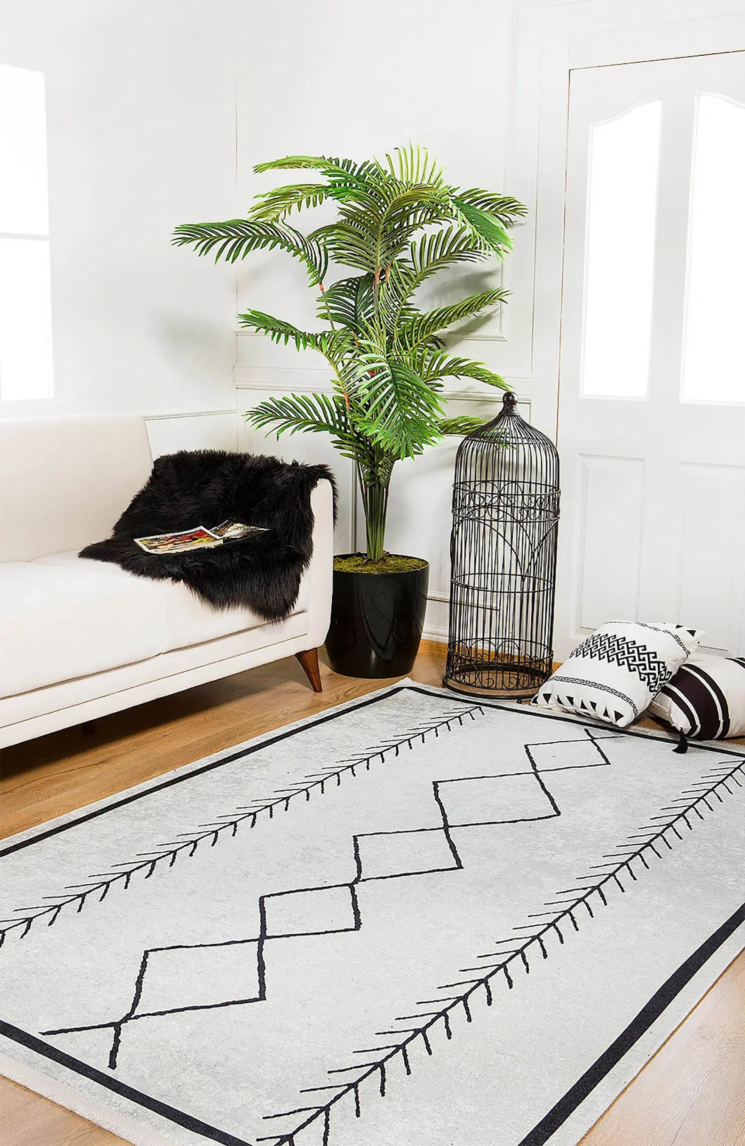 Beyaz Gri Bohem Geometrik İskandinav Desenli Salon Halısı-Pera Halı