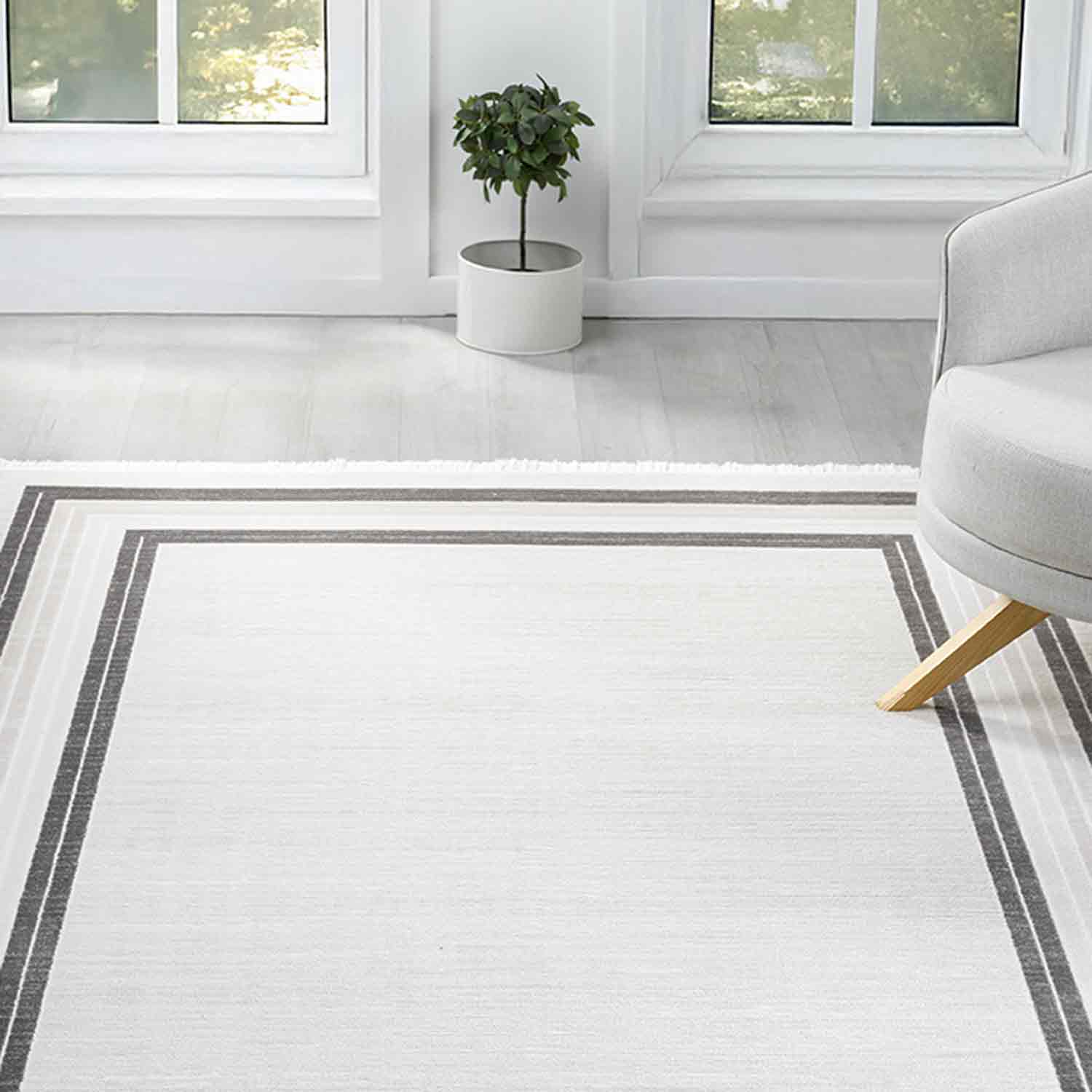 Beyaz Gri Dikdörtgen Bordürlü Modern Halı-Pera Halı