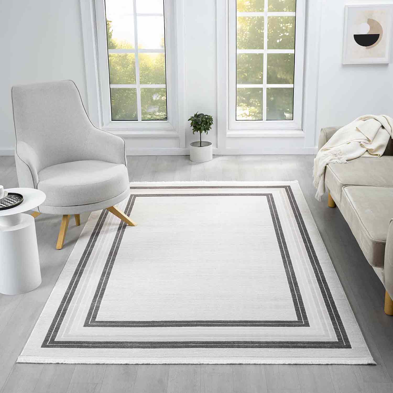 Beyaz Gri Dikdörtgen Bordürlü Modern Halı-Pera Halı