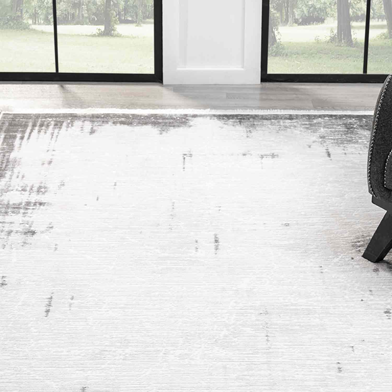 Beyaz Gri Eskitme Bordürlü Soyut Modern Halı-Pera Halı