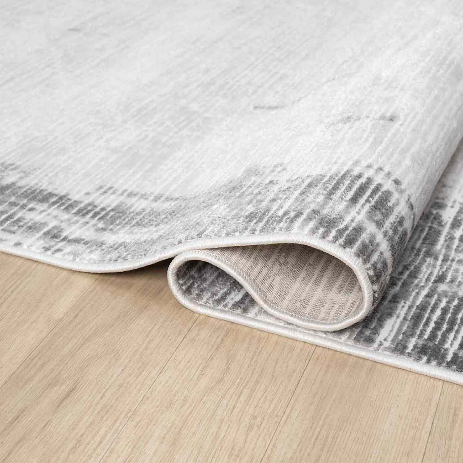 Beyaz Gri Eskitme Bordürlü Soyut Modern Halı-Pera Halı