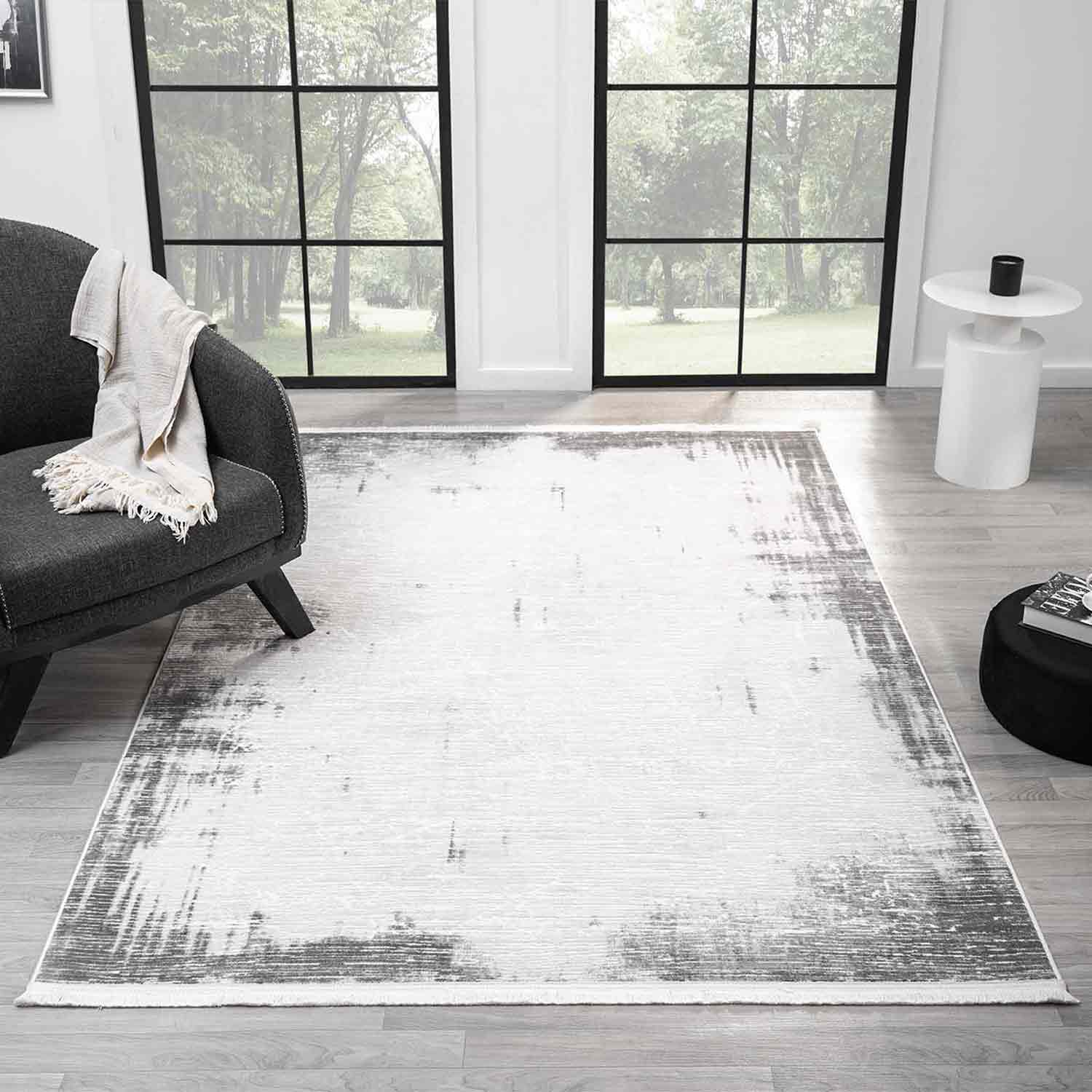 Beyaz Gri Eskitme Bordürlü Soyut Modern Halı-Pera Halı
