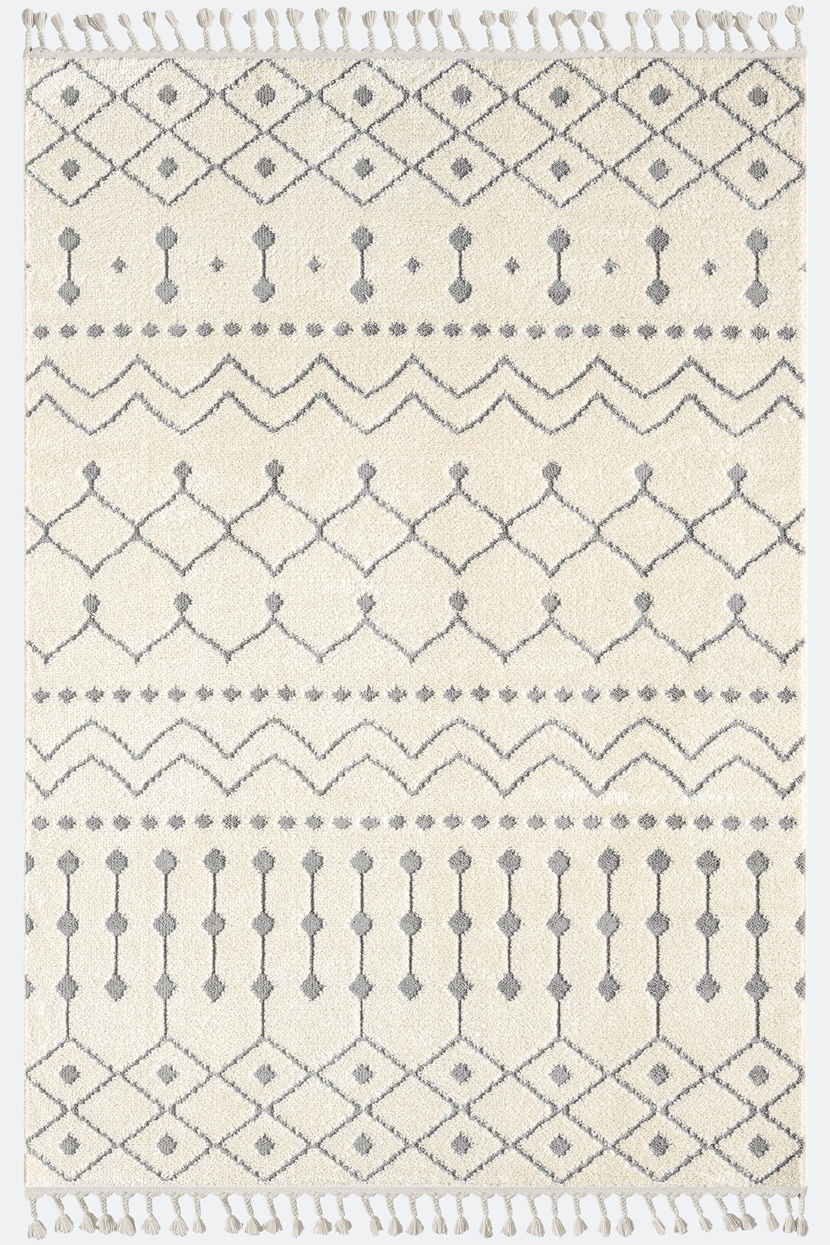 Beyaz Gri Etnik Geometrik Saçaklı Modern Halı-Pera Halı