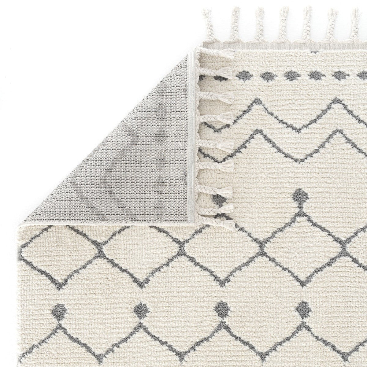 Beyaz Gri Etnik Geometrik Saçaklı Modern Halı-Pera Halı