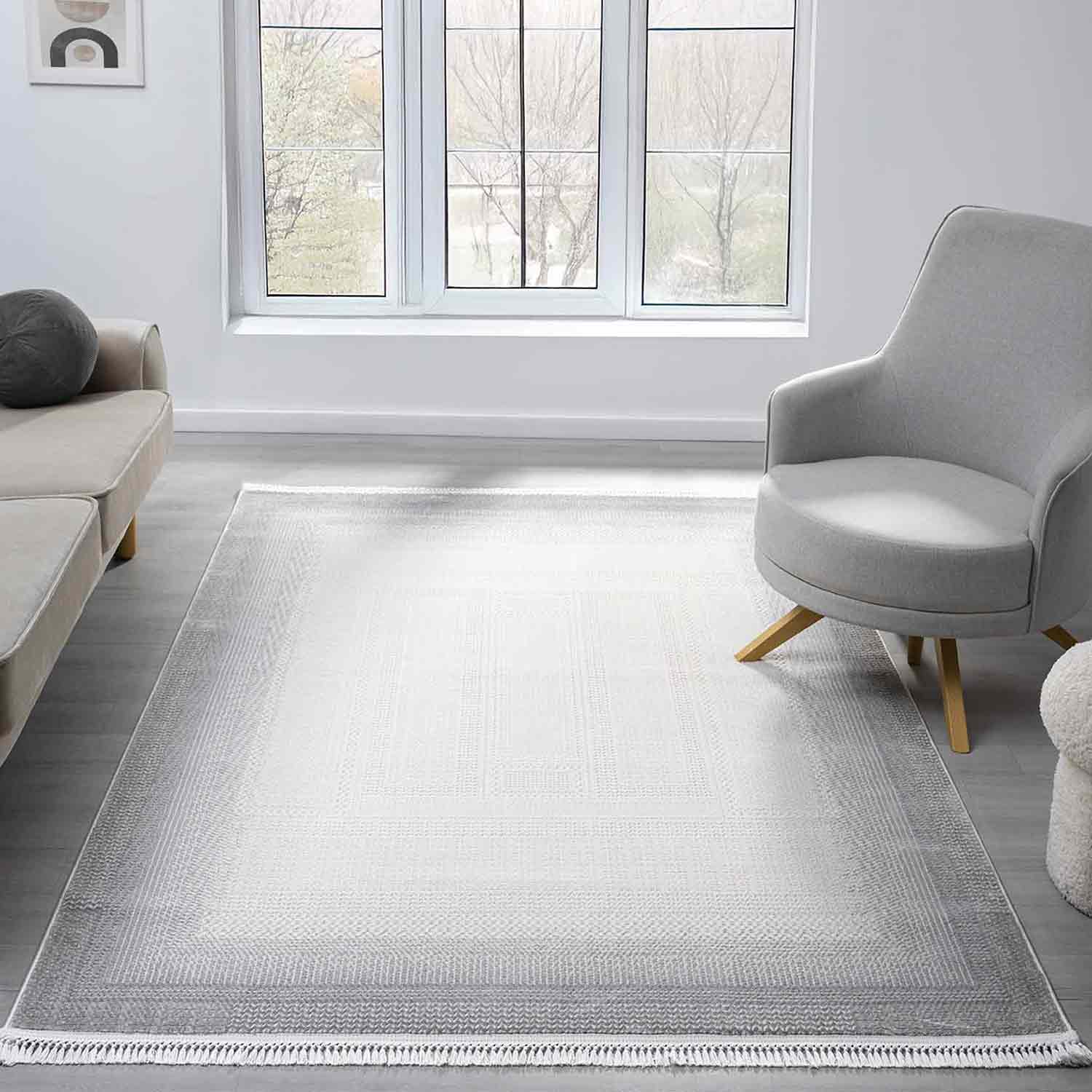 Beyaz Gri Gradien Bordürlü Modern Halı-Pera Halı