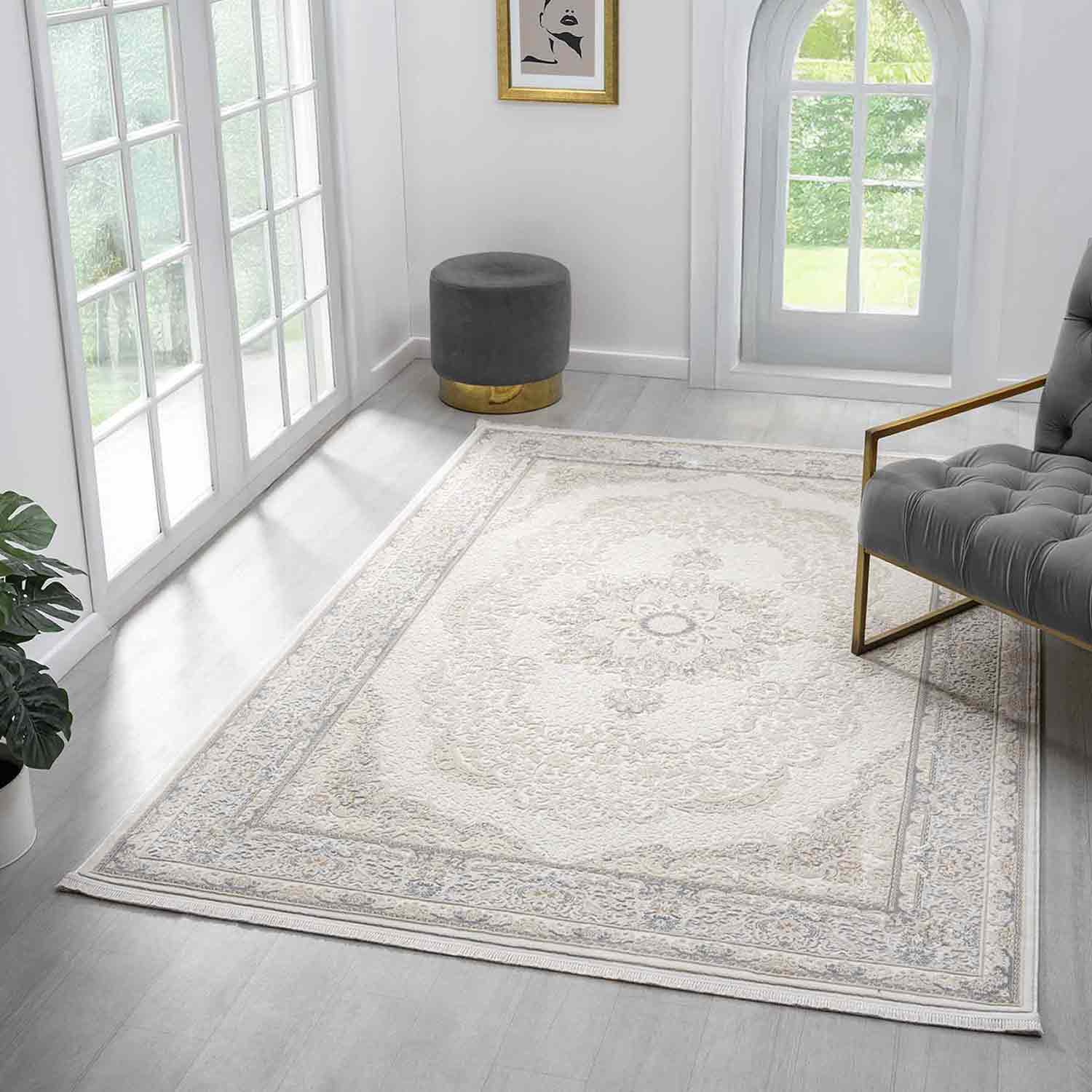 Beyaz Gri Krem Klasik Medallion Desenli Halı-Pera Halı