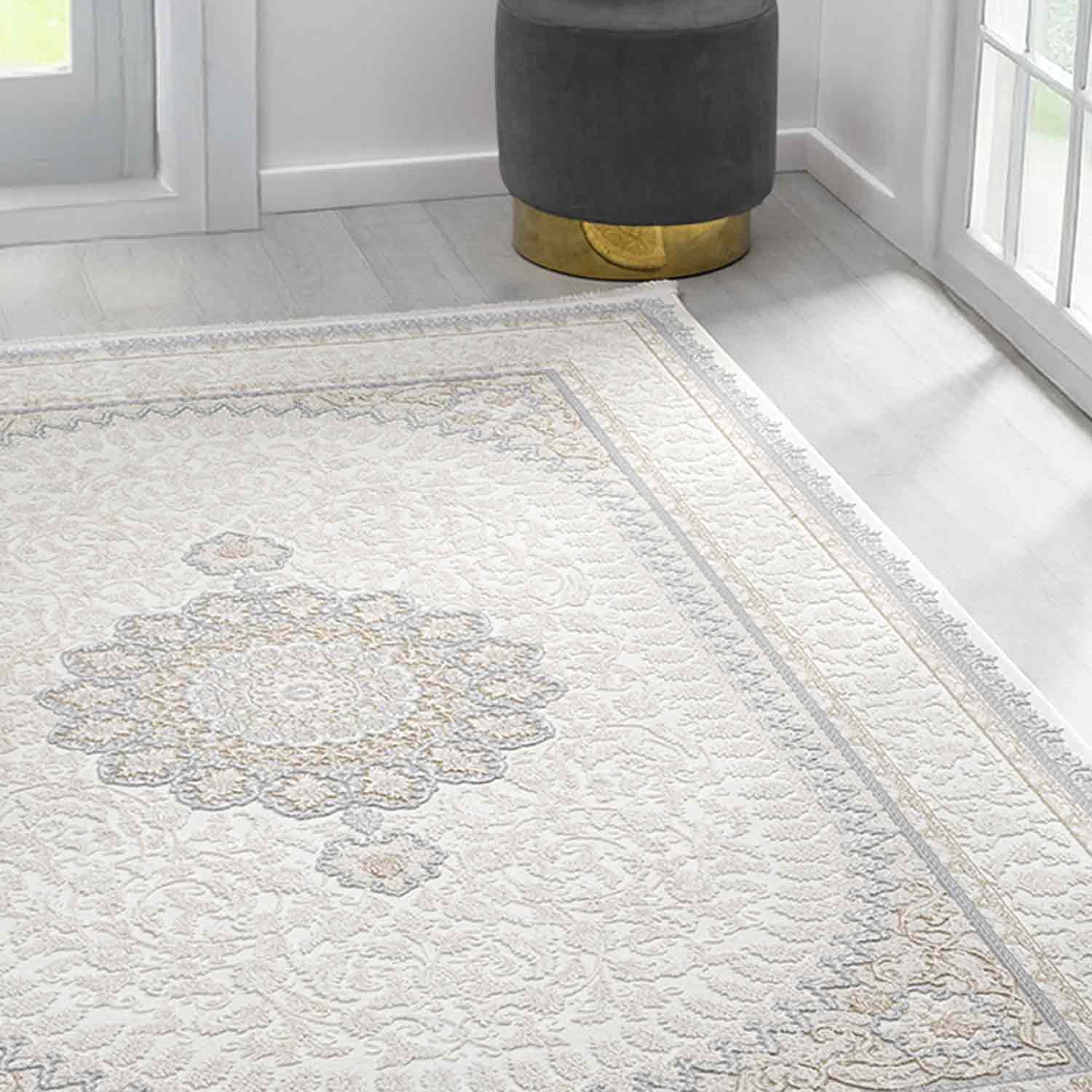 Beyaz Gri Mavi Klasik Medallion Desenli Halı-Pera Halı