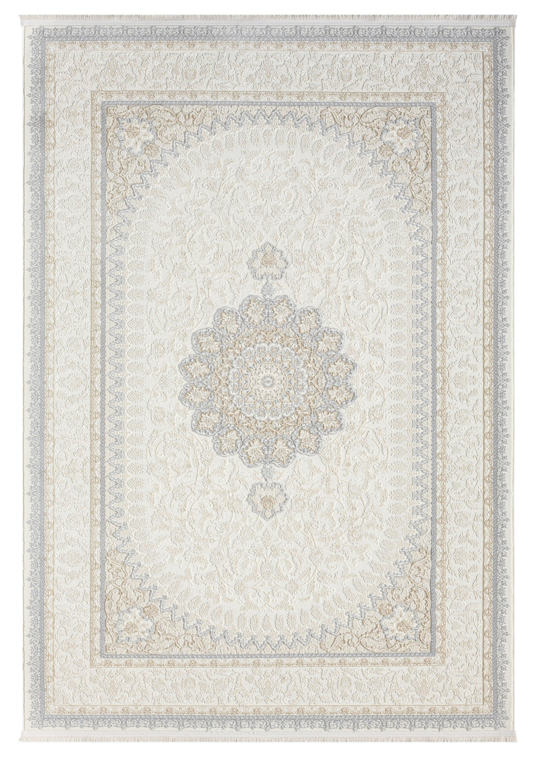 Beyaz Gri Mavi Klasik Medallion Desenli Halı