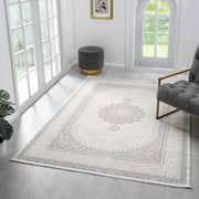 Beyaz Gri Mavi Klasik Medallion Desenli Halı-Pera Halı