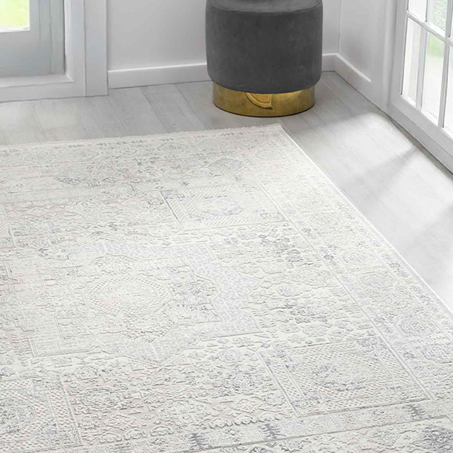 Beyaz Gri Minimal Eskitme Desenli Halı-Pera Halı