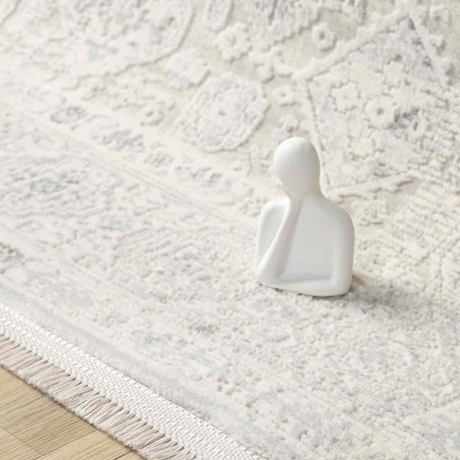 Beyaz Gri Minimal Eskitme Desenli Halı-Pera Halı