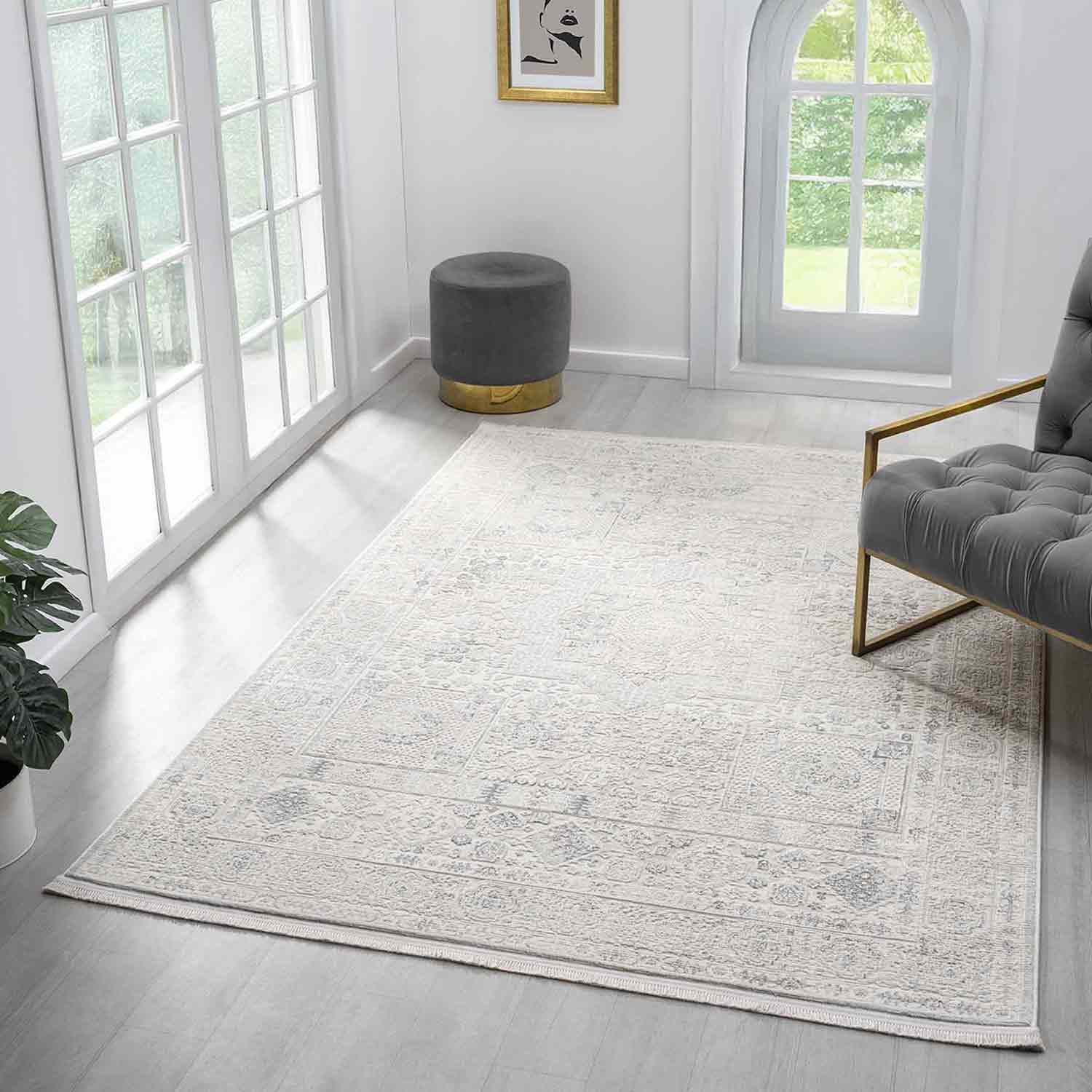 Beyaz Gri Minimal Eskitme Desenli Halı-Pera Halı