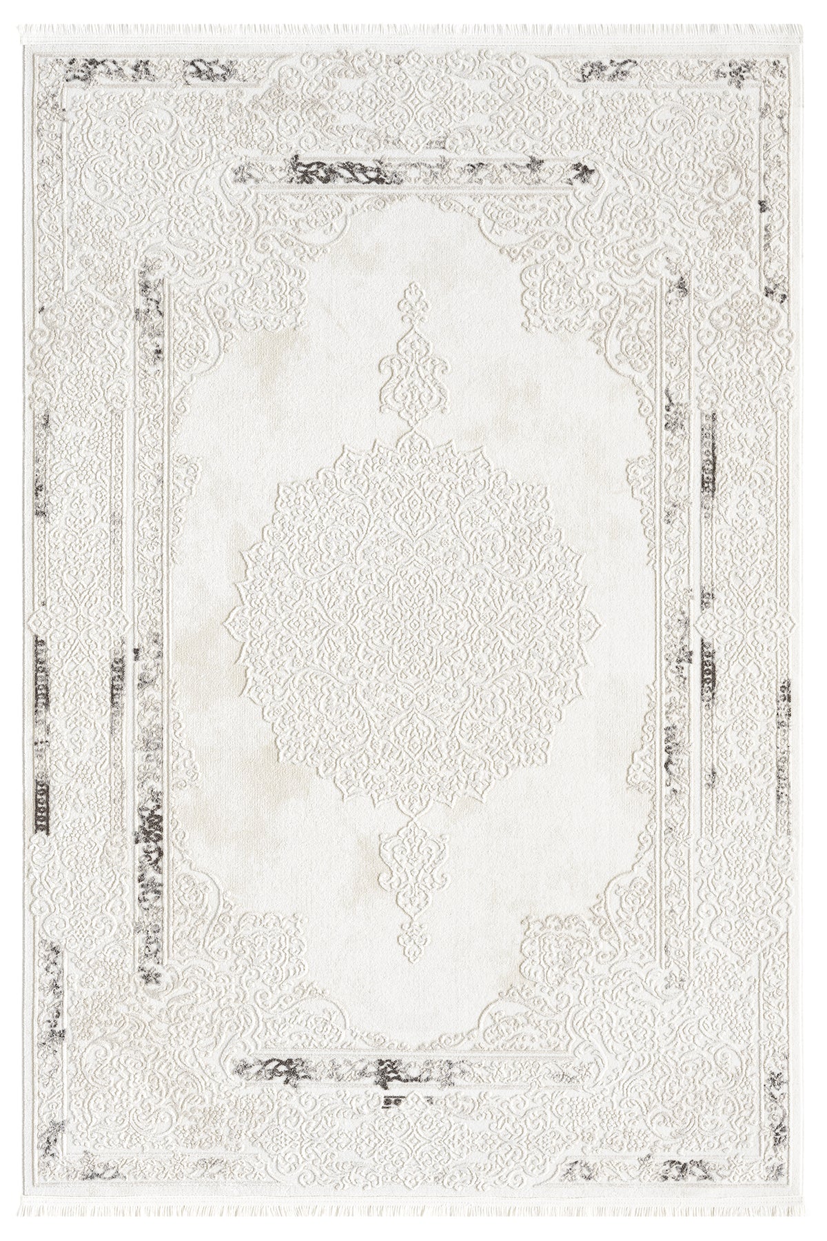Beyaz Gri Siyah Klasik Madalyon Desenli Halı-Pera Halı