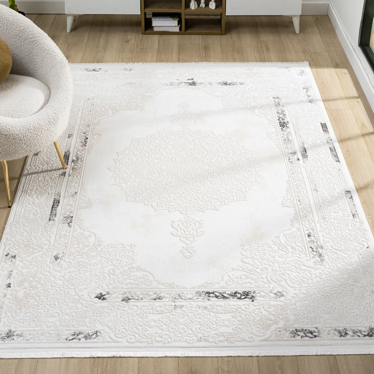 Beyaz Gri Siyah Klasik Madalyon Desenli Halı-Pera Halı