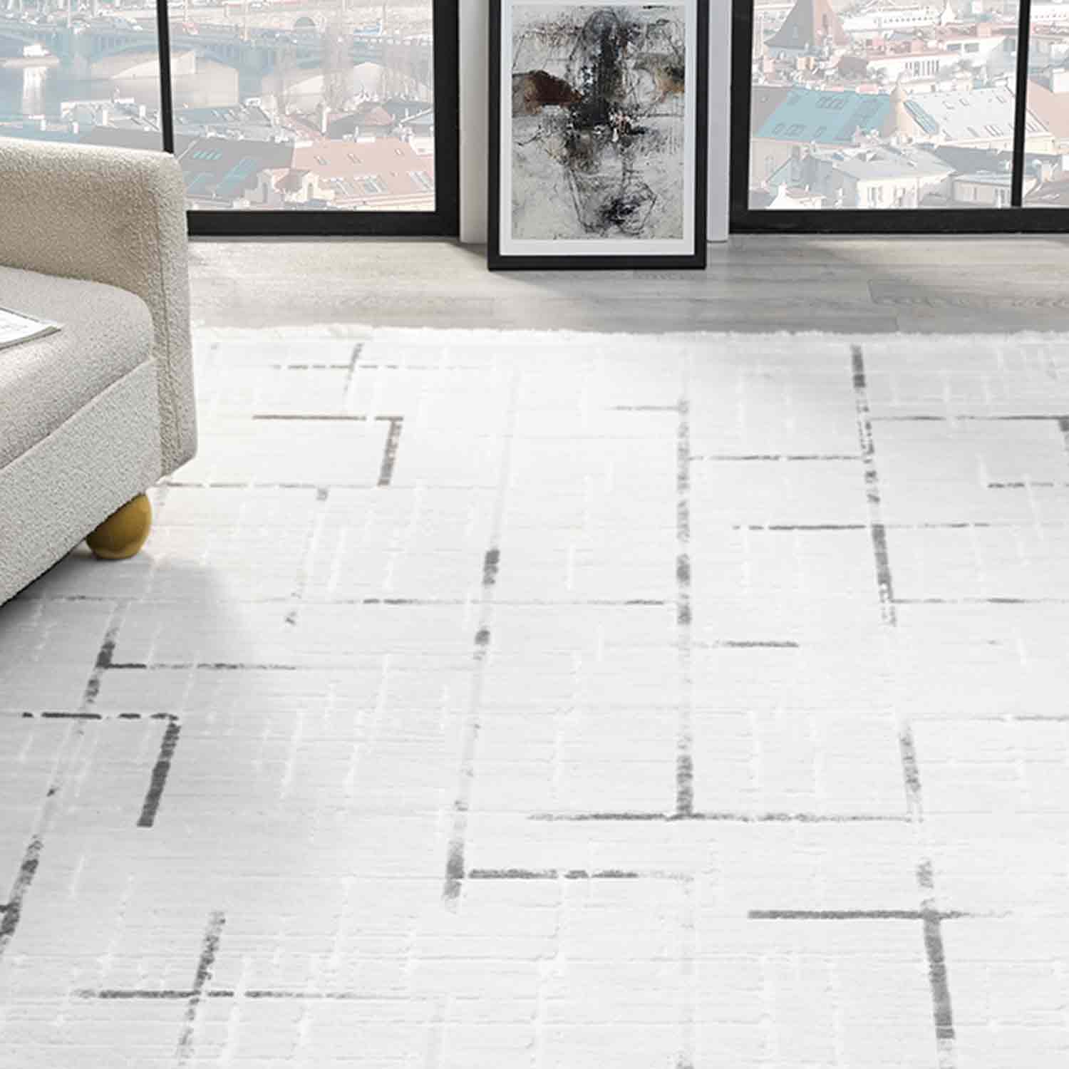 Beyaz Gri Siyah Soyut Çizgili Modern Halı-Pera Halı