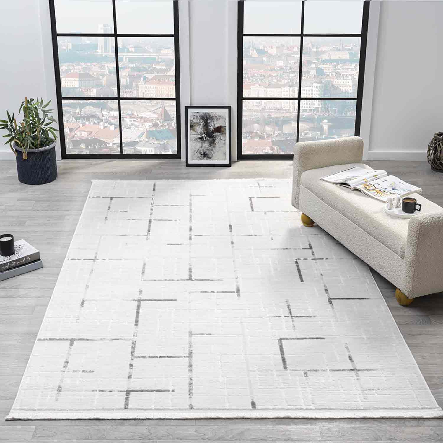 Beyaz Gri Siyah Soyut Çizgili Modern Halı-Pera Halı