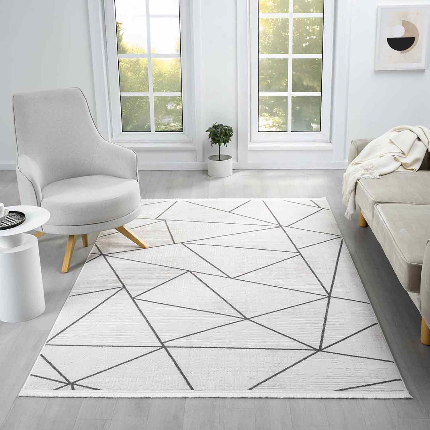 Beyaz Gri Siyah Üçgen Geometrik Modern Halı-Pera Halı