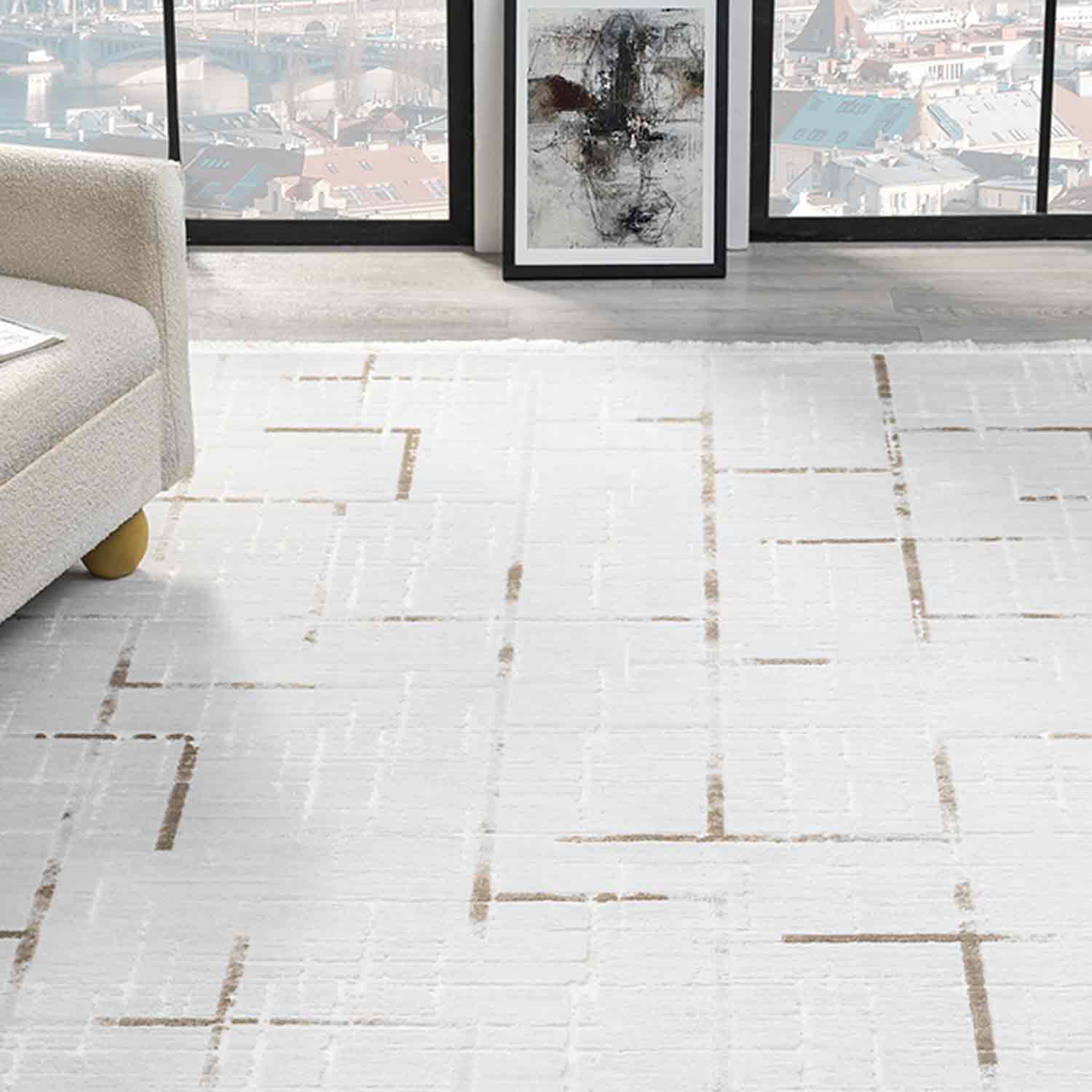 Beyaz Kahve Bej Çizgili Modern Halı-Pera Halı