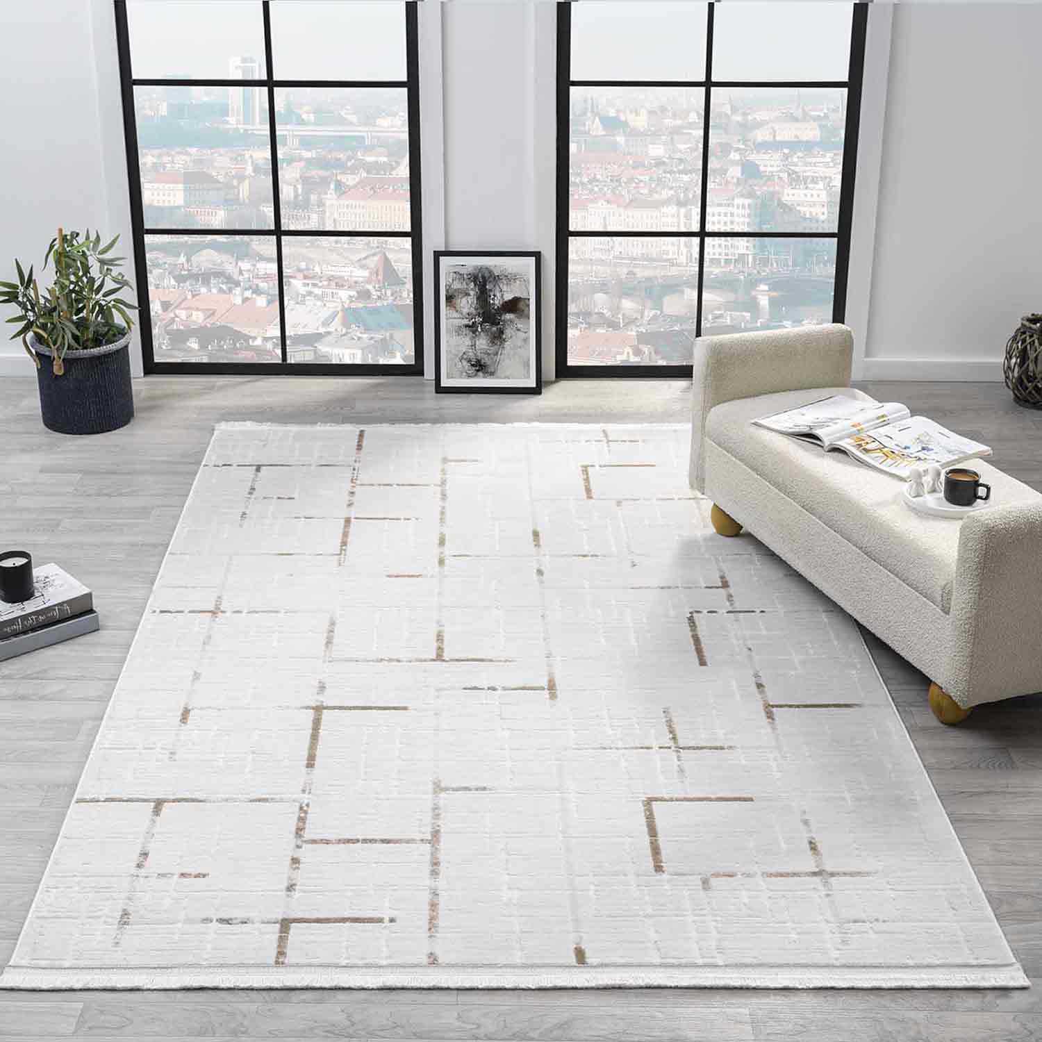 Beyaz Kahve Bej Çizgili Modern Halı-Pera Halı