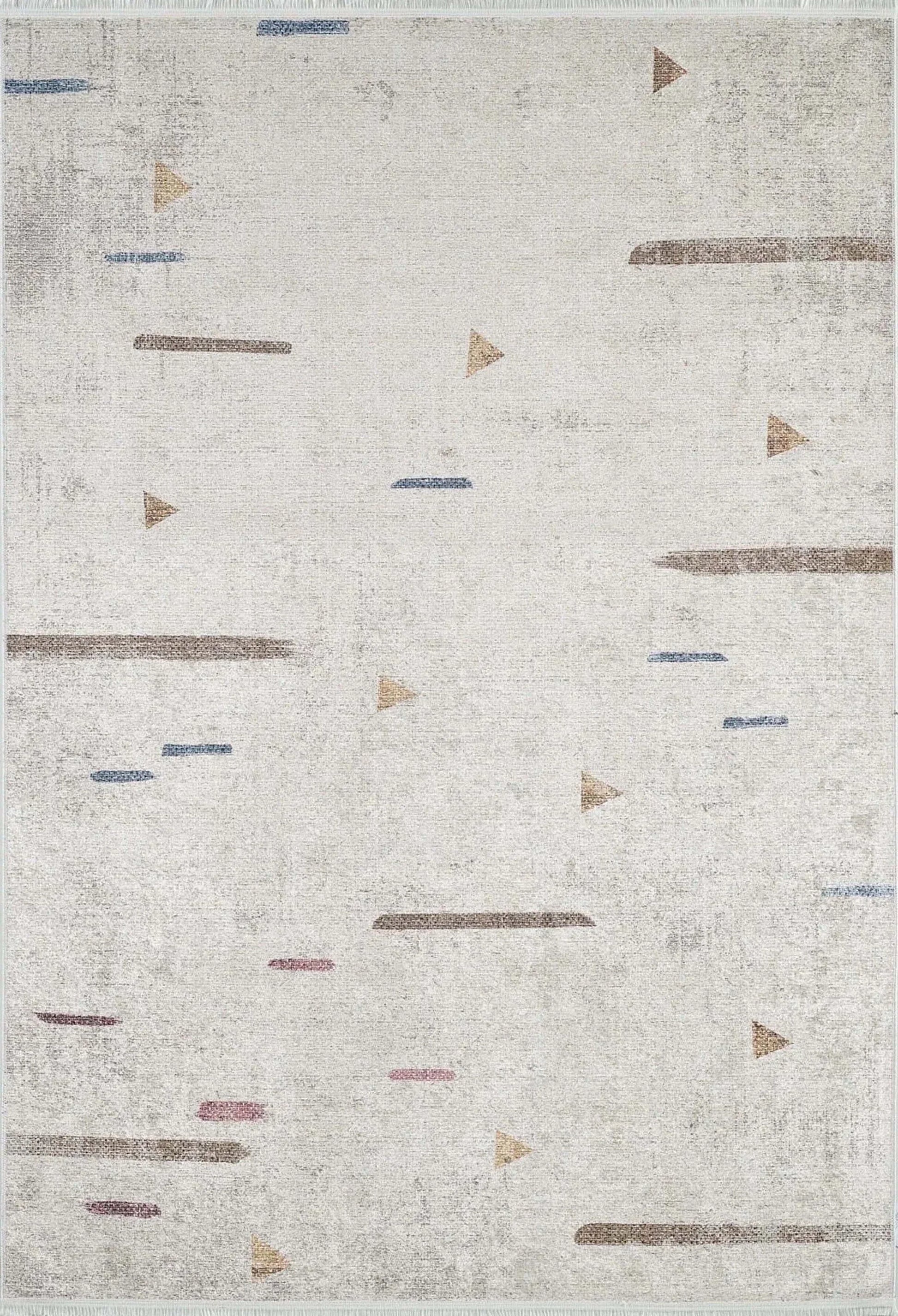 Beyaz Krem Eskitme Geometrik Desenli Halı-Pera Halı