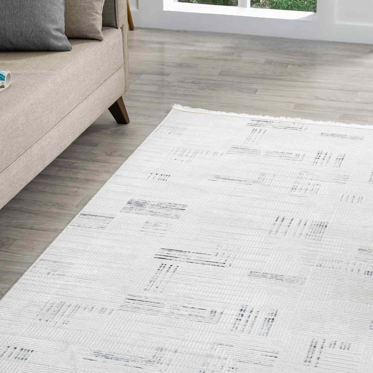 Beyaz Mavi Detaylı Geometrik Modern Halı-Pera Halı