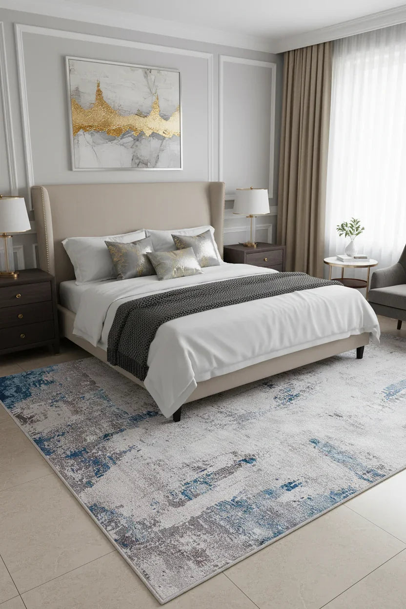 Beyaz, Mavi ve Gri Modern Soyut Sanat Halısı-Pera Halı