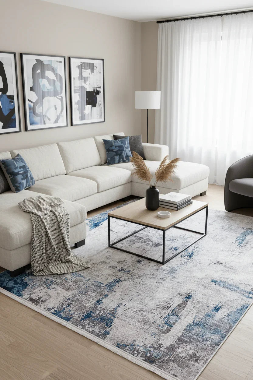 Beyaz, Mavi ve Gri Modern Soyut Sanat Halısı-Pera Halı