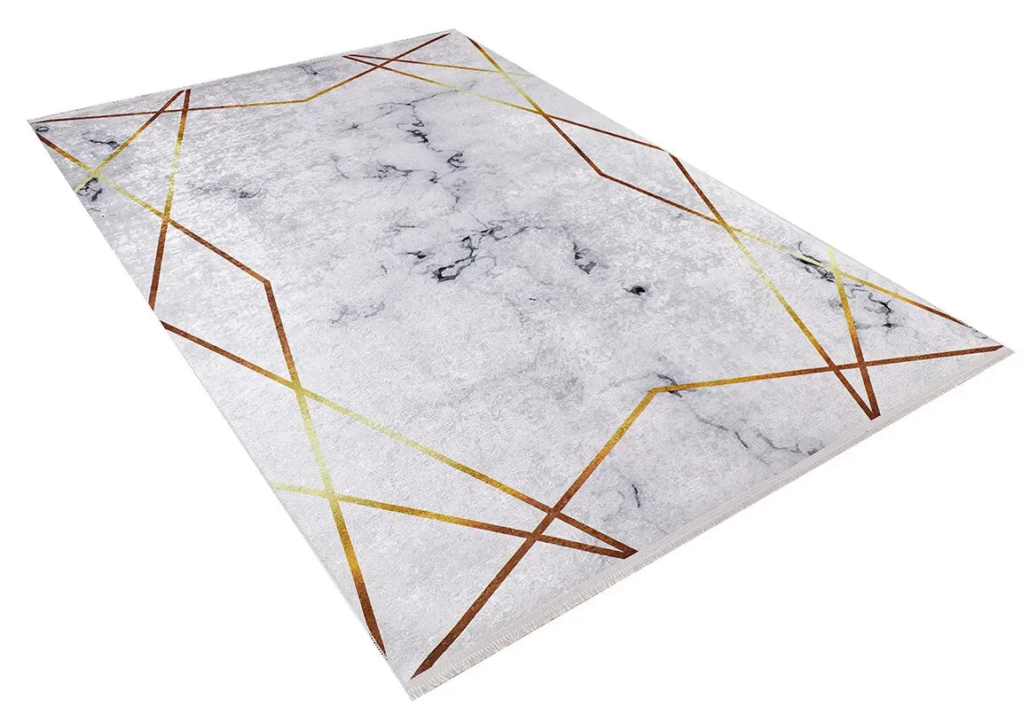 Beyaz Mermer Desenli Altın Geometrik Çizgili Halı-Pera Halı