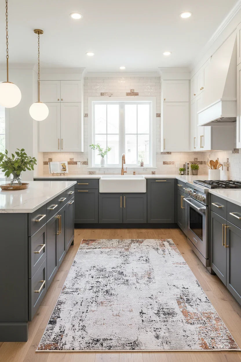 Beyaz, Pas ve Siyah Modern Soyut Sanat Halısı-Pera Halı