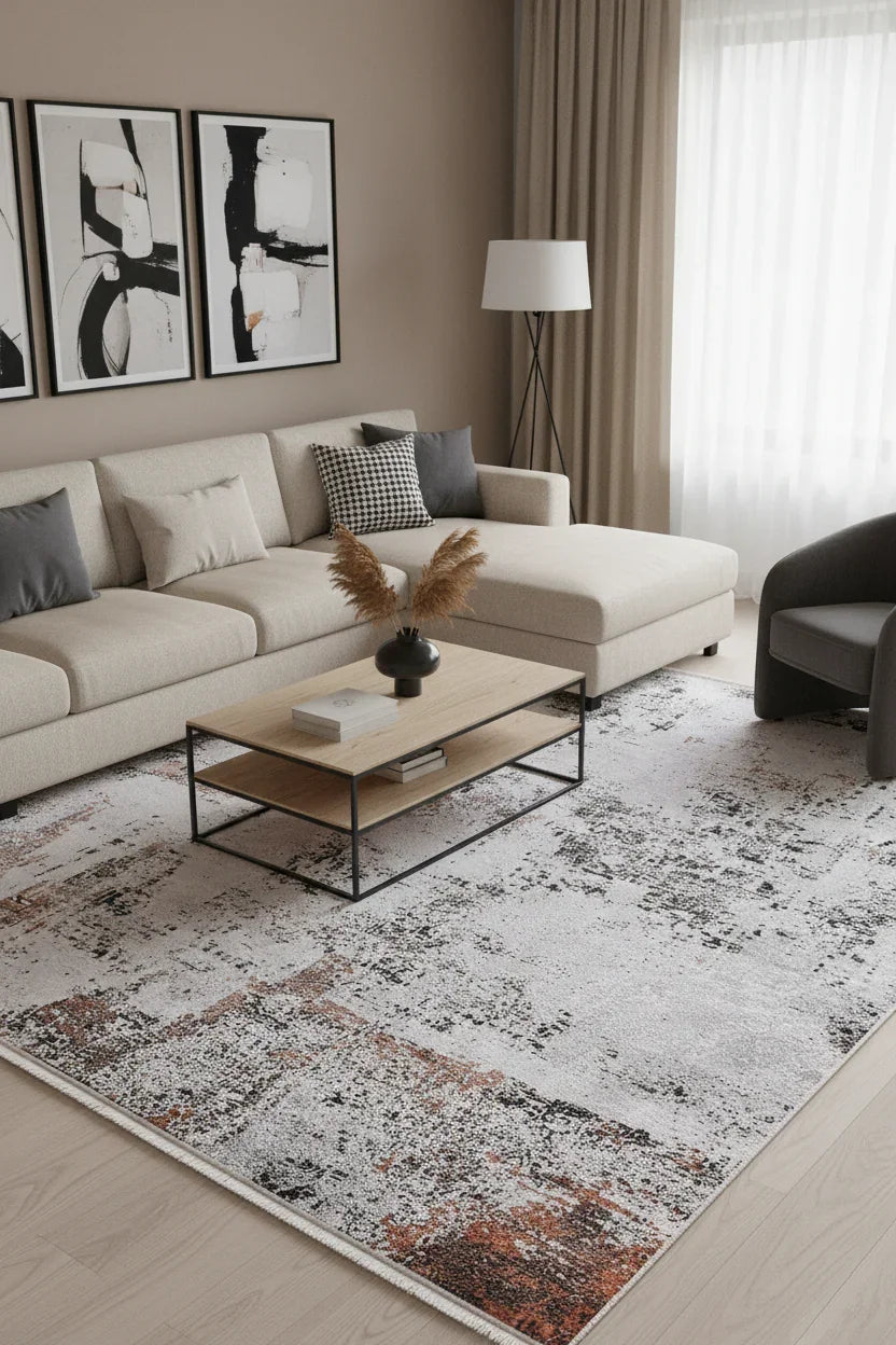 Beyaz, Pas ve Siyah Modern Soyut Sanat Halısı-Pera Halı