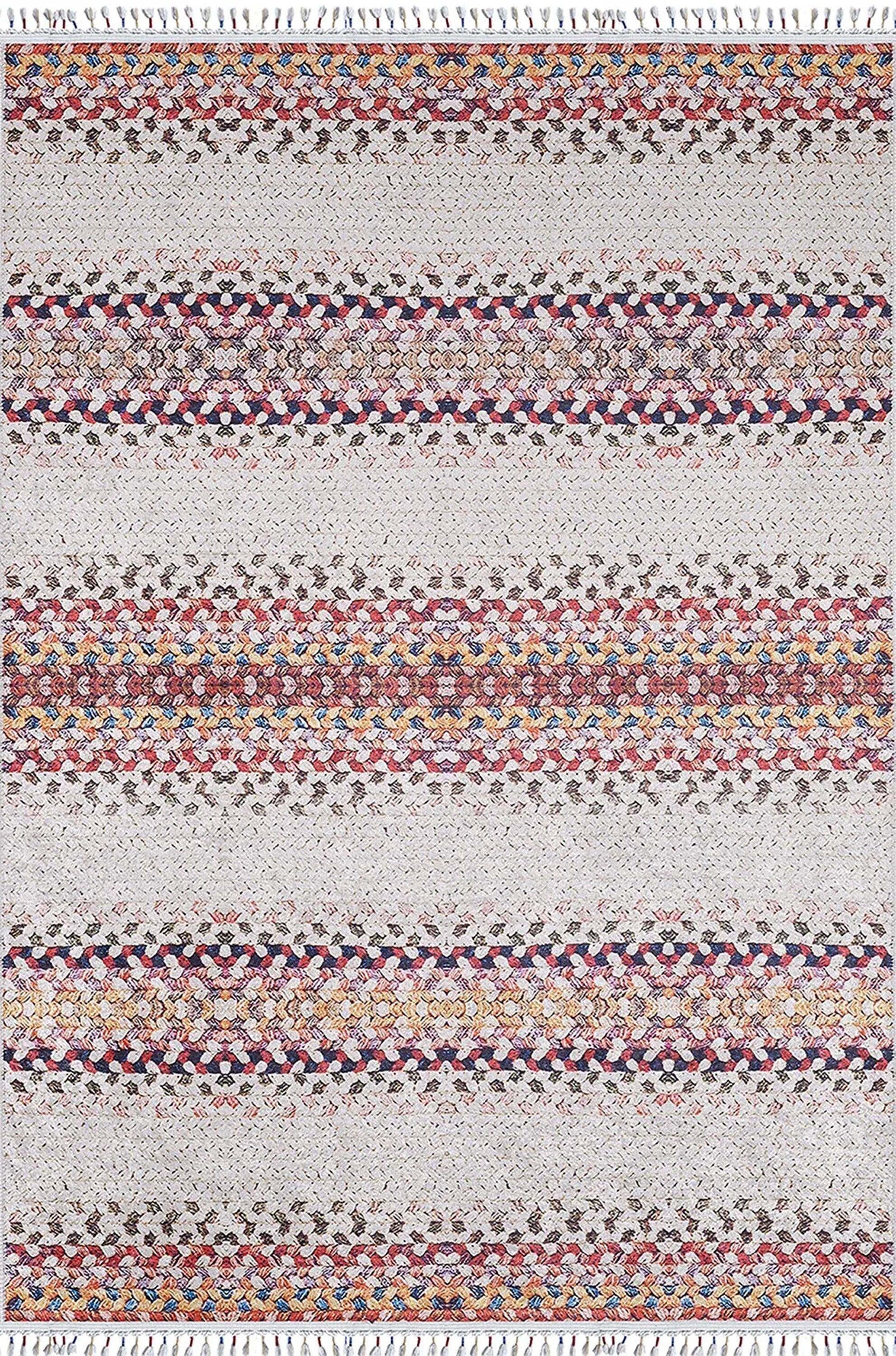 Beyaz Renkli Çizgili Düz Dokuma Halı-Pera Halı