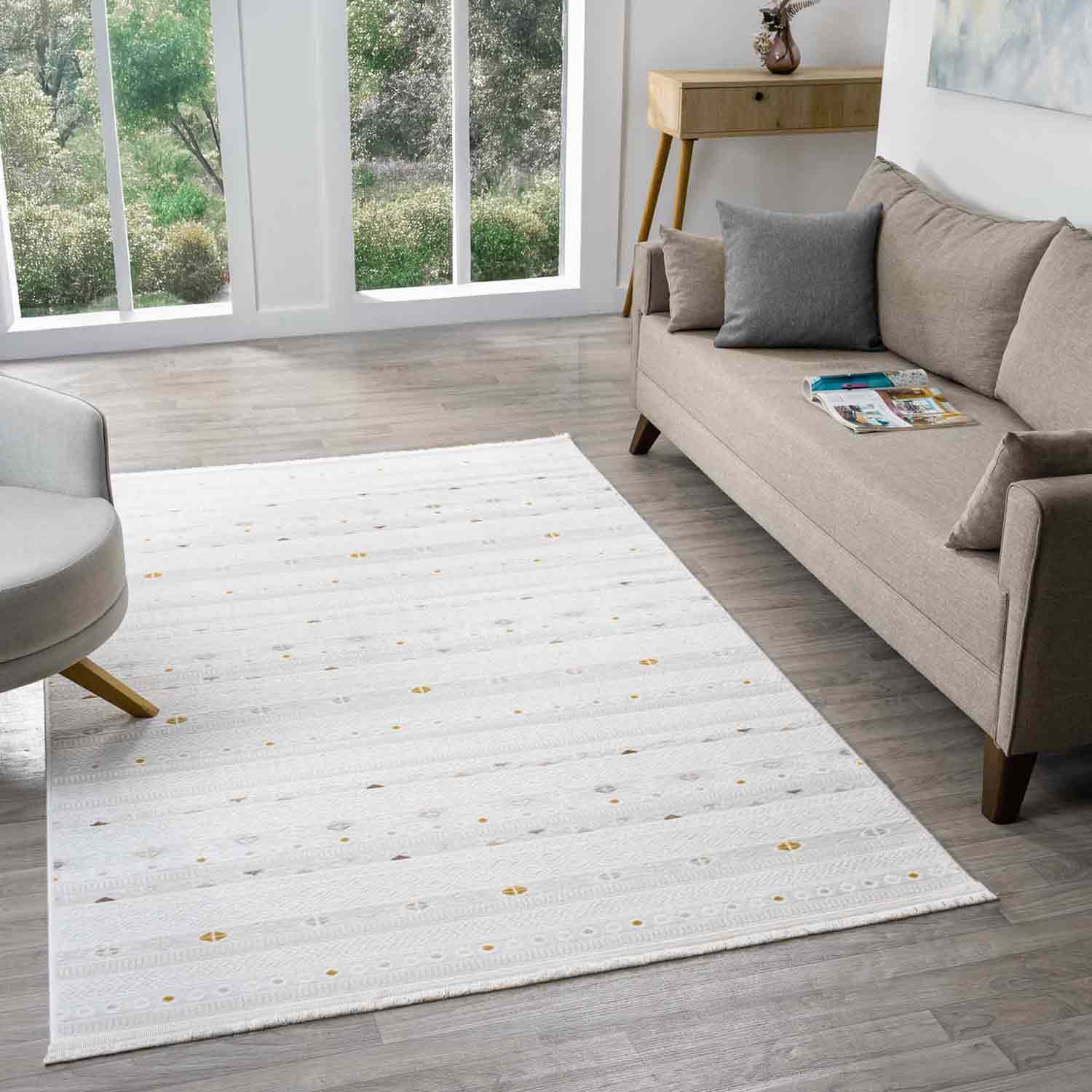 Beyaz Sarı Çok Renkli Etnik Şerit Desenli Halı-Pera Halı