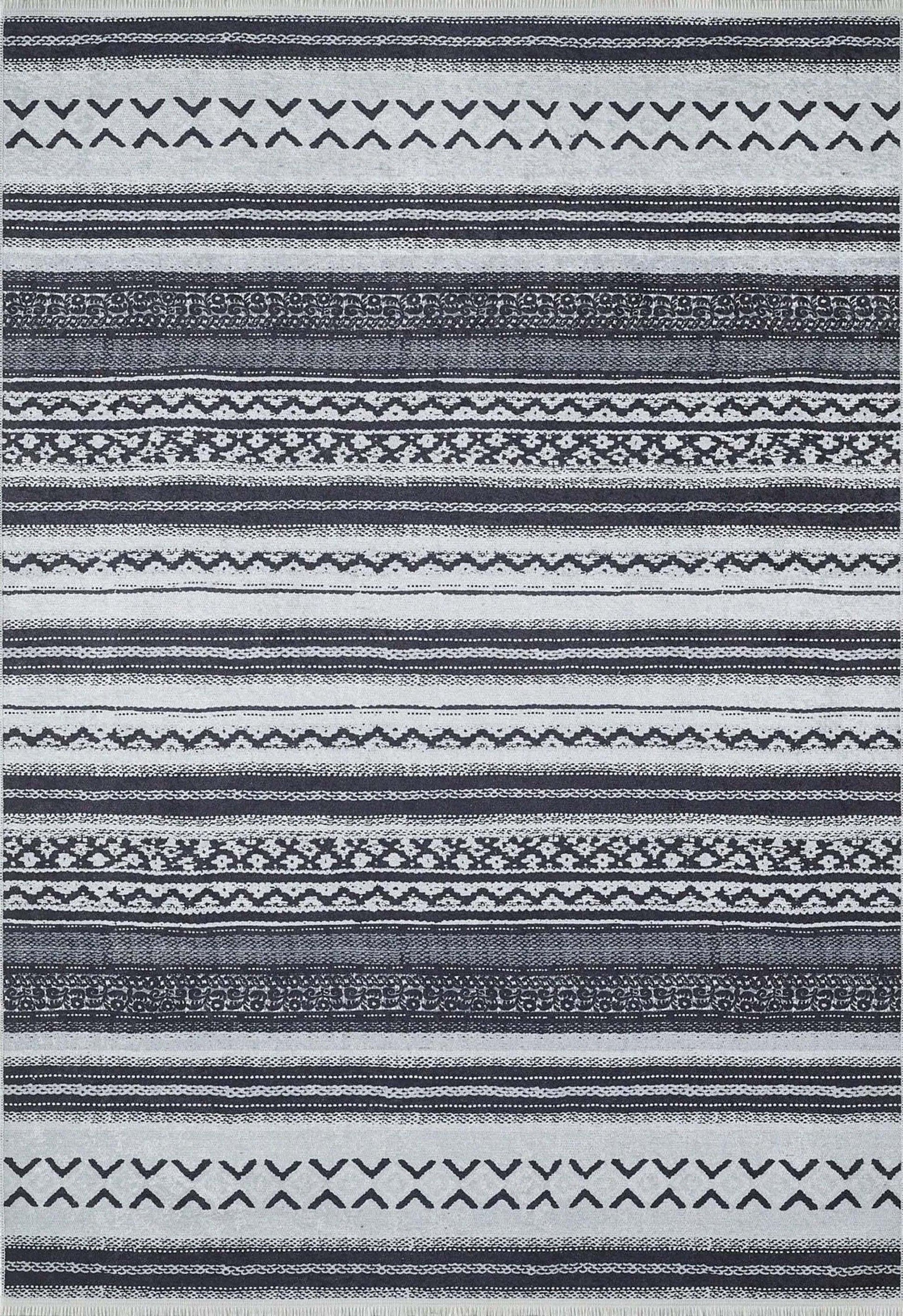 Beyaz Siyah Çizgili Vintage Halı-Pera Halı