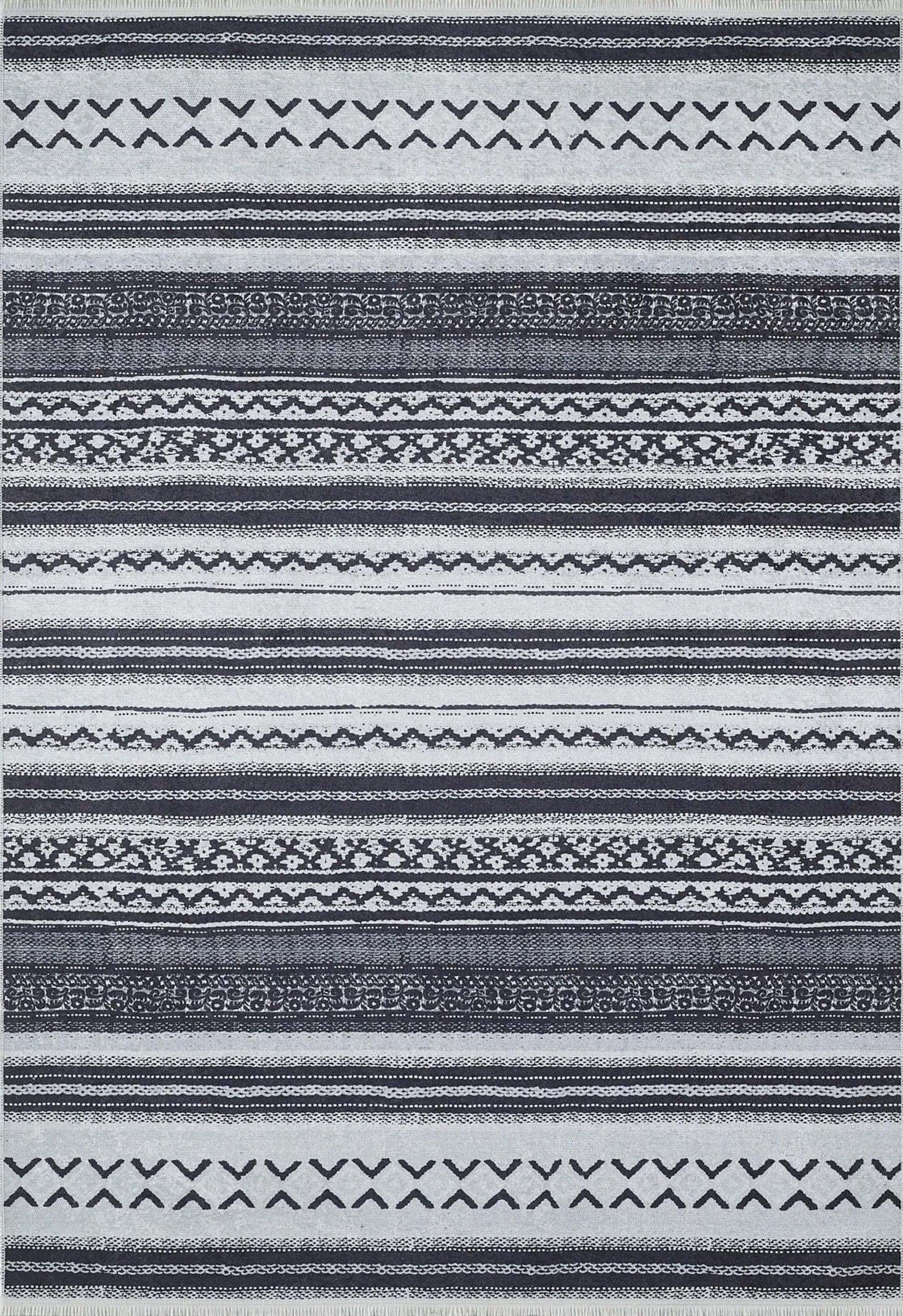 Beyaz Siyah Çizgili Vintage Halı-Pera Halı