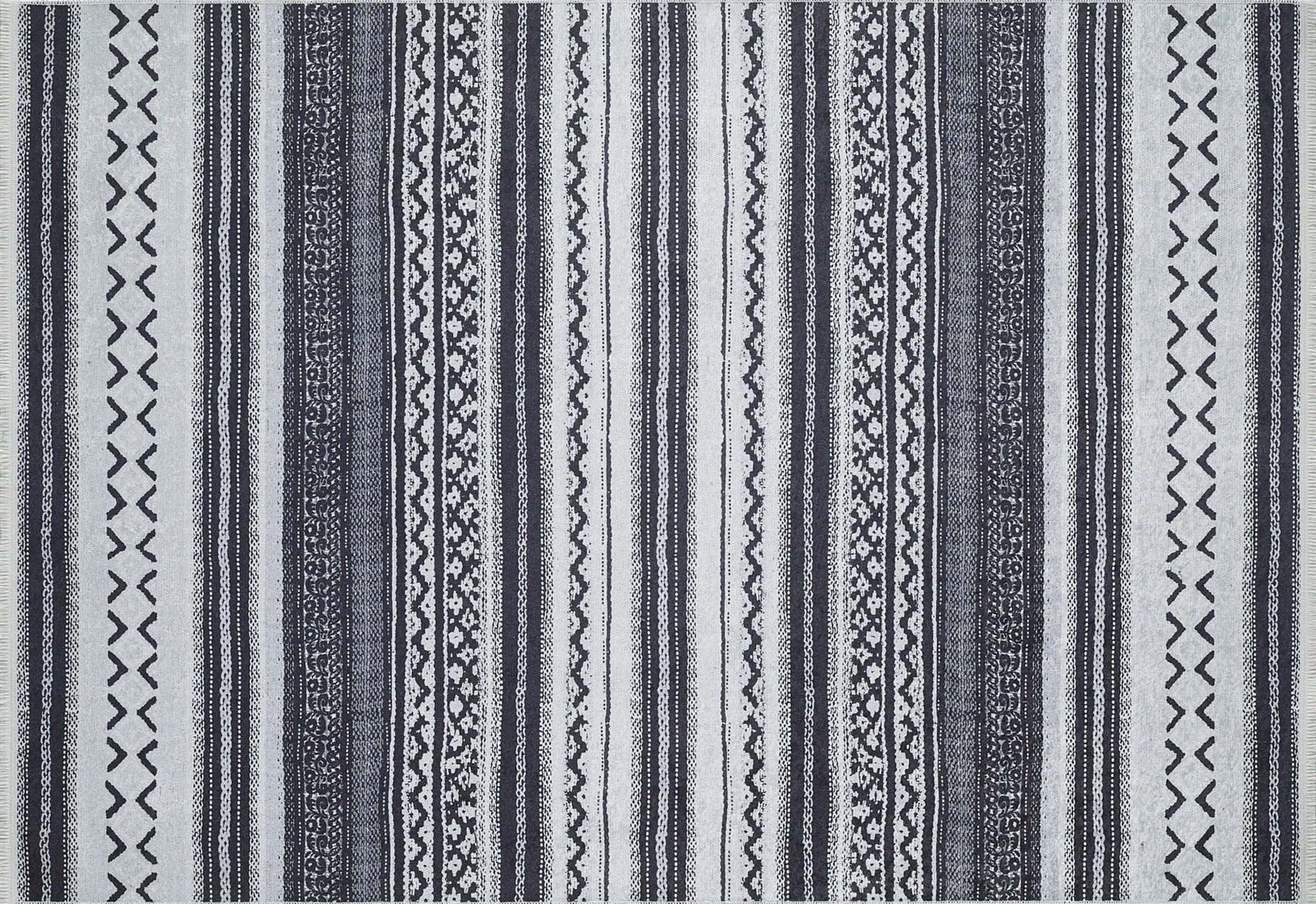 Beyaz Siyah Çizgili Vintage Halı-Pera Halı