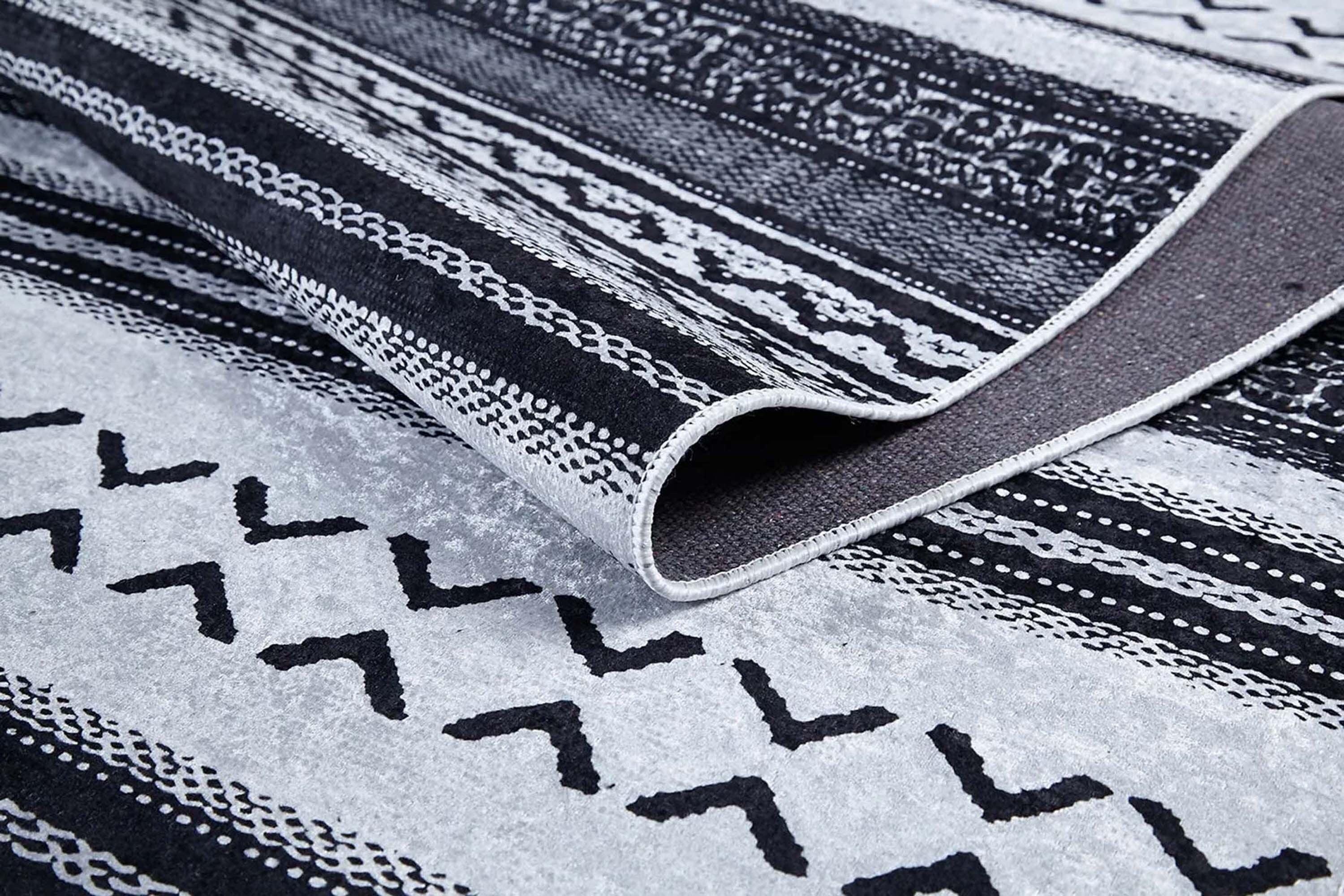 Beyaz Siyah Çizgili Vintage Halı-Pera Halı