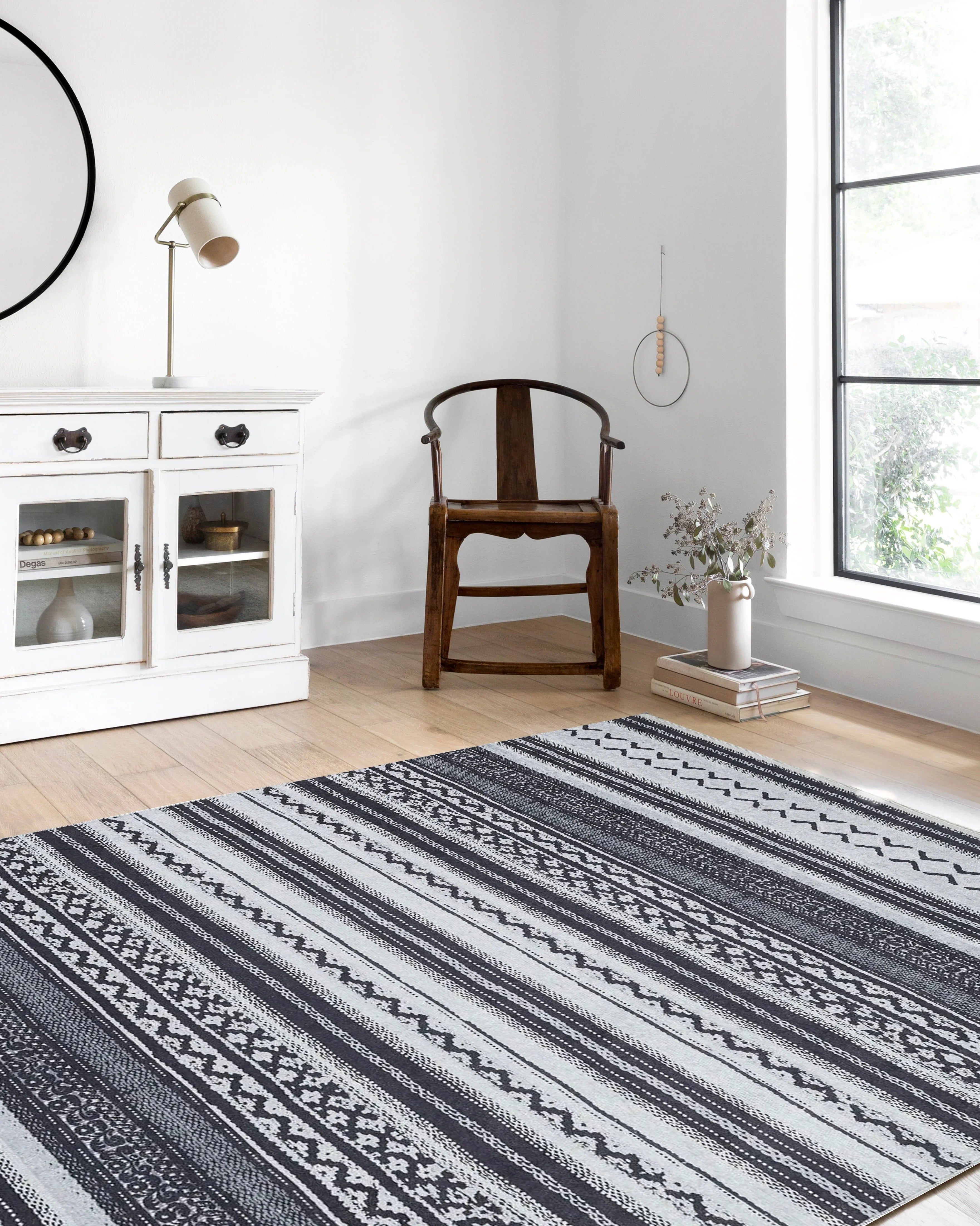 Beyaz Siyah Çizgili Vintage Halı-Pera Halı