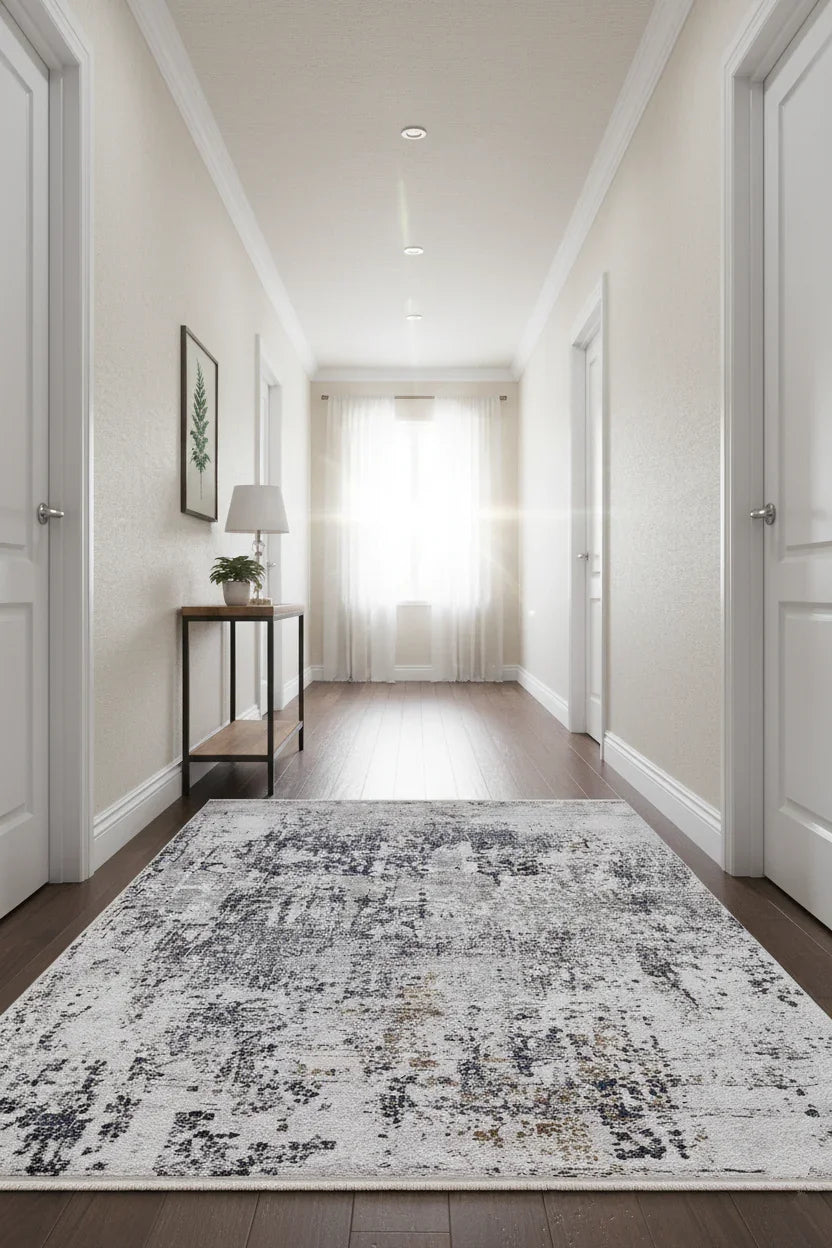 Beyaz ve Bej Zemin Üzerine Lacivert ve Kahve Modern Soyut Sanat Halısı-Pera Halı