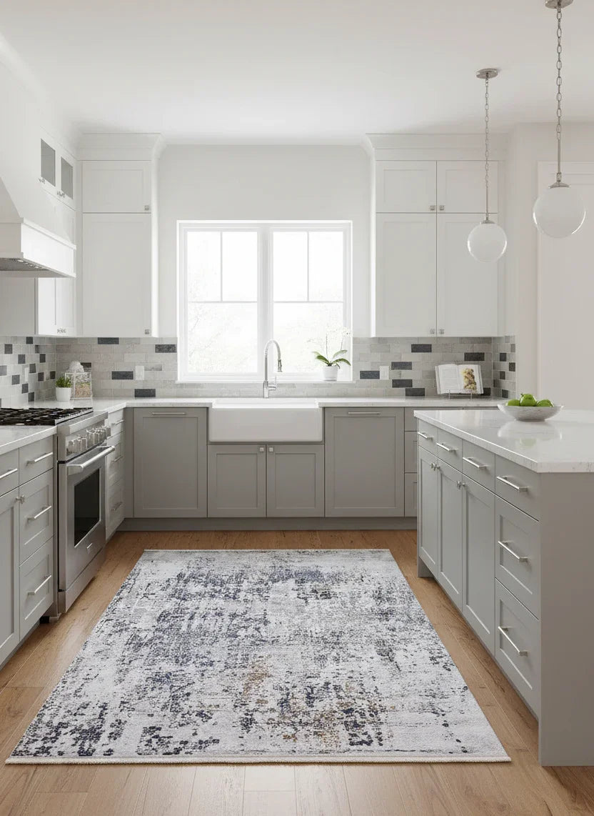 Beyaz ve Bej Zemin Üzerine Lacivert ve Kahve Modern Soyut Sanat Halısı-Pera Halı