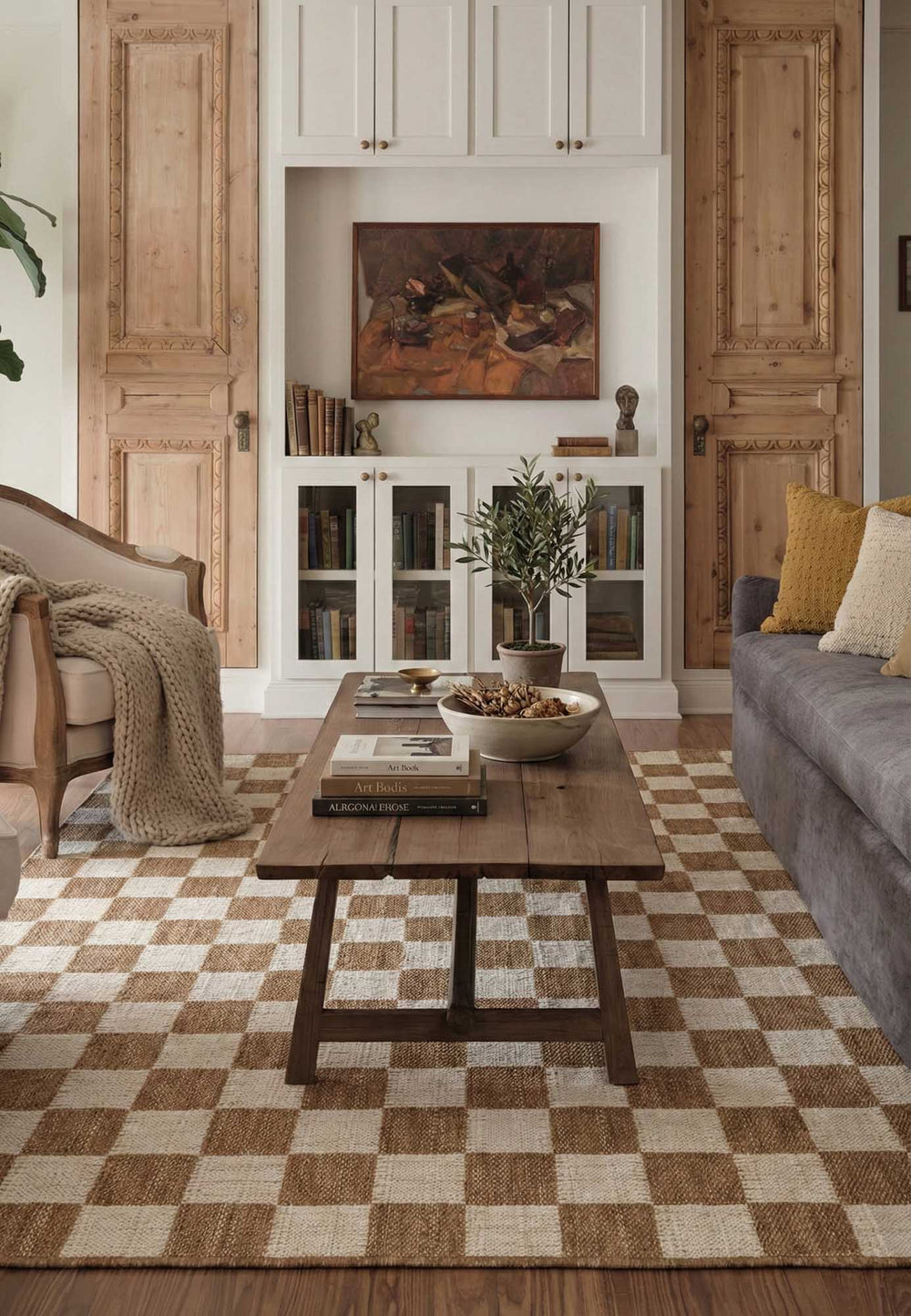 Kahve ve Beyaz Dama Desenli Sisal Halı