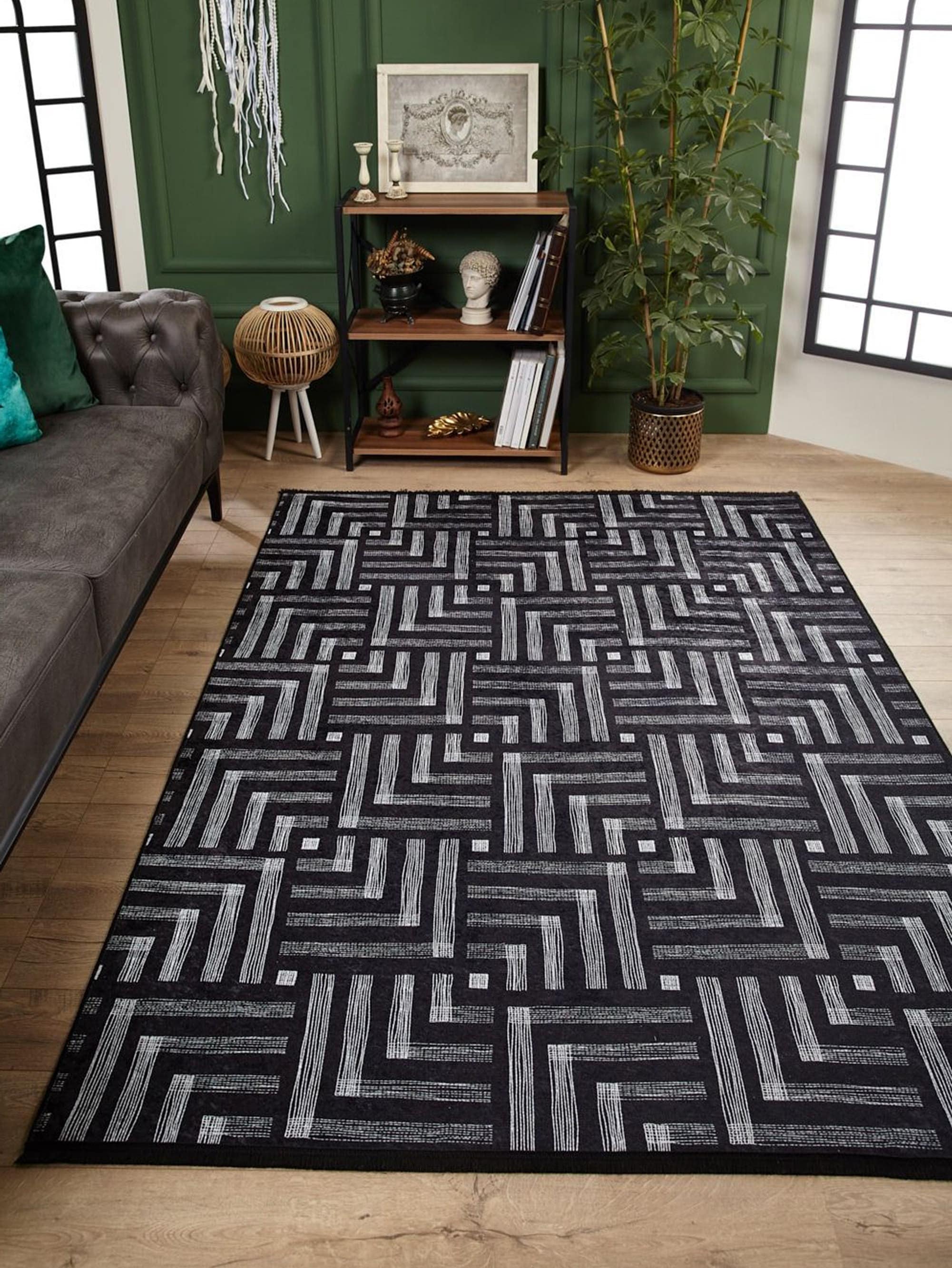 Geometrik Desenli Bej Kahverengi - Siyah Beyaz Modern Halı - Pera Halı