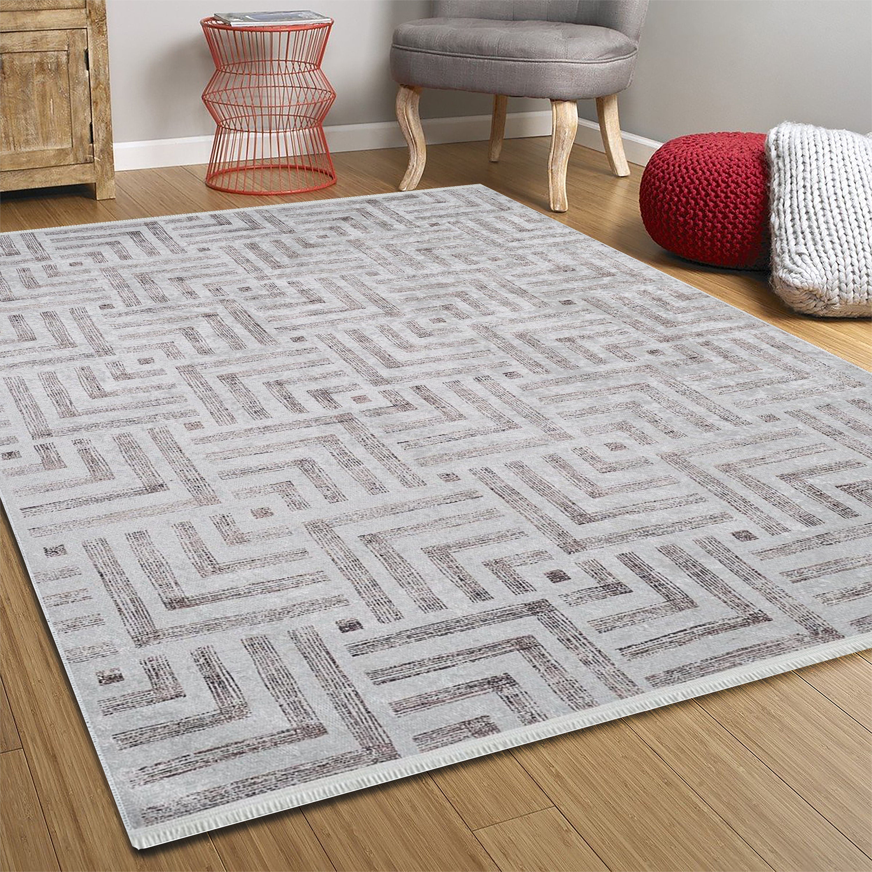 Geometrik Desenli Bej Kahverengi - Siyah Beyaz Modern Halı - Pera Halı